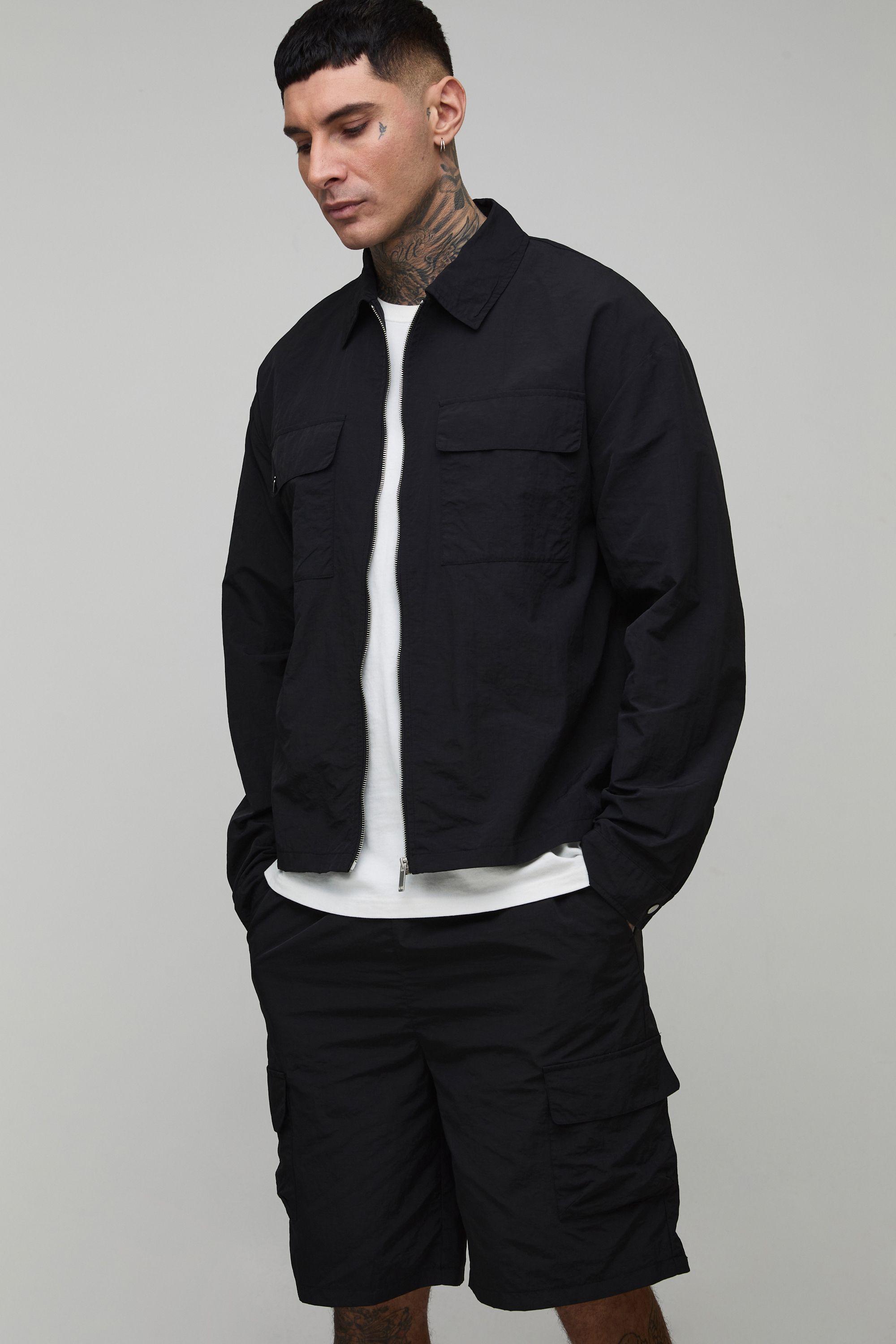 Tall Coated Nylon Cargo Regular Overshirt & Relaxed Short Set by BOOHOOMAN