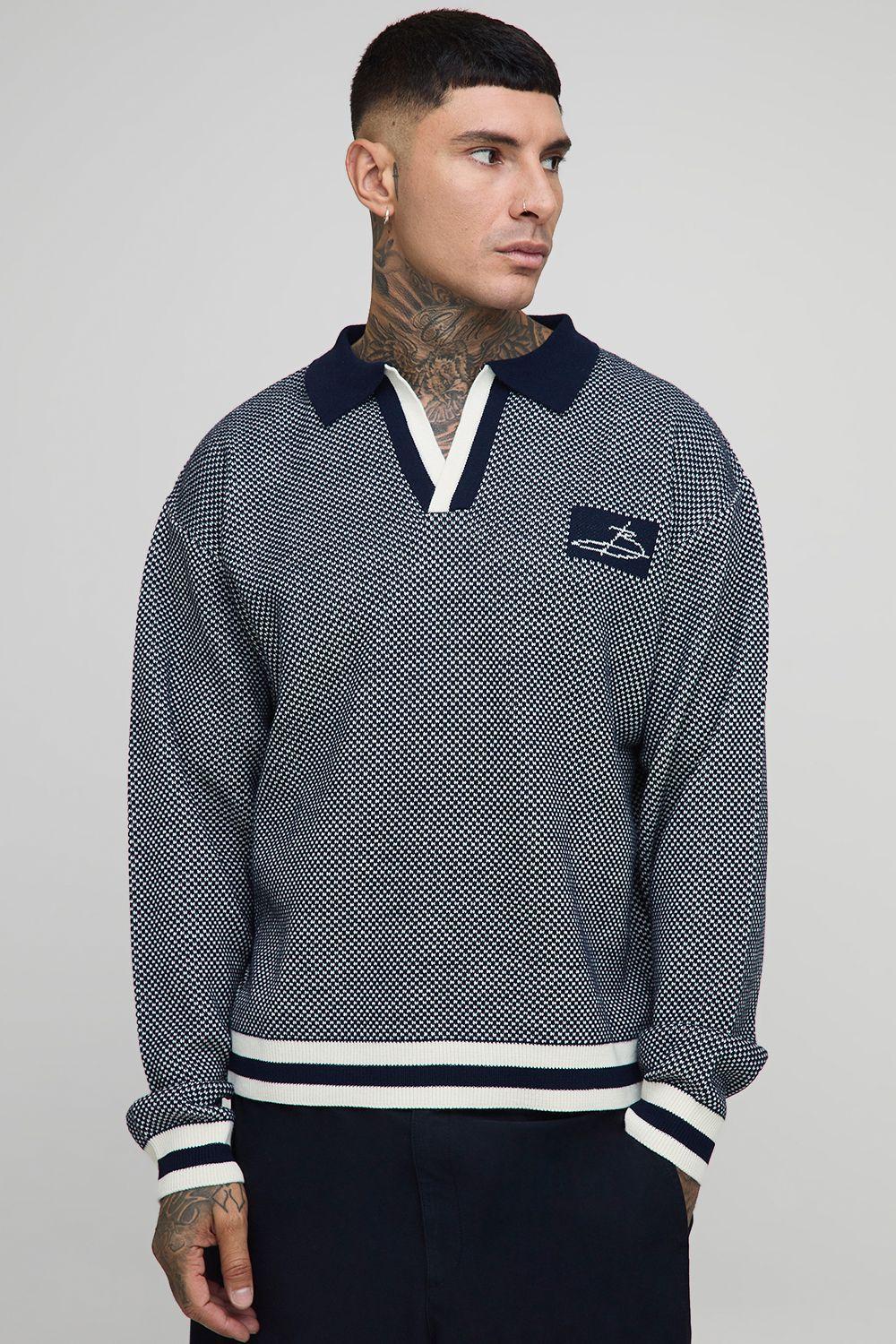 Tall Contrast Edge Open Knit Boxy Oversized Polo Neck Jumper by BOOHOOMAN