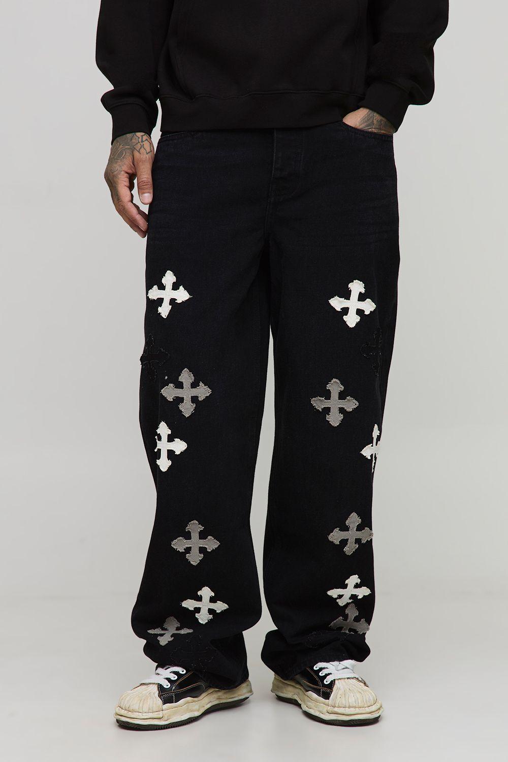 Tall Cross Applique Relaxed Fit Jeans by BOOHOOMAN