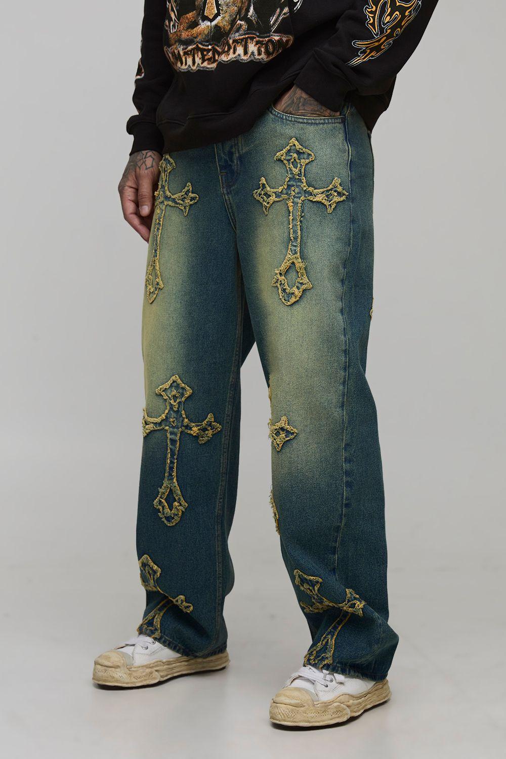 Tall Distressed Cross Applique Tinted Relaxed Fit Jeans by BOOHOOMAN