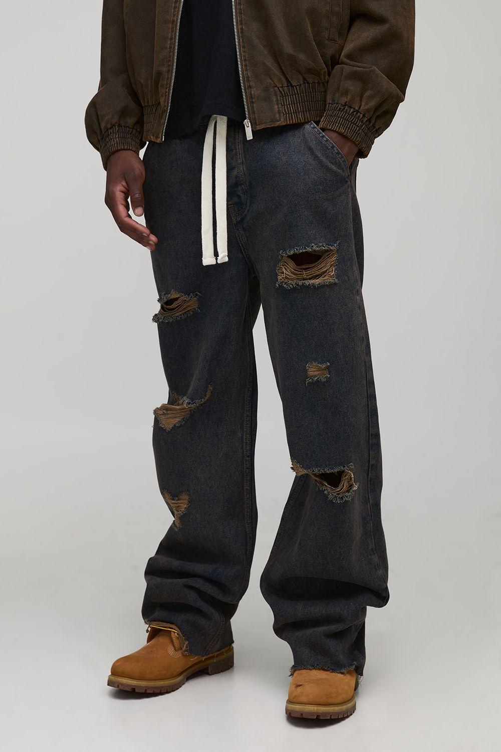 Tall Distressed Drawcord Relaxed Fit Jeans by BOOHOOMAN