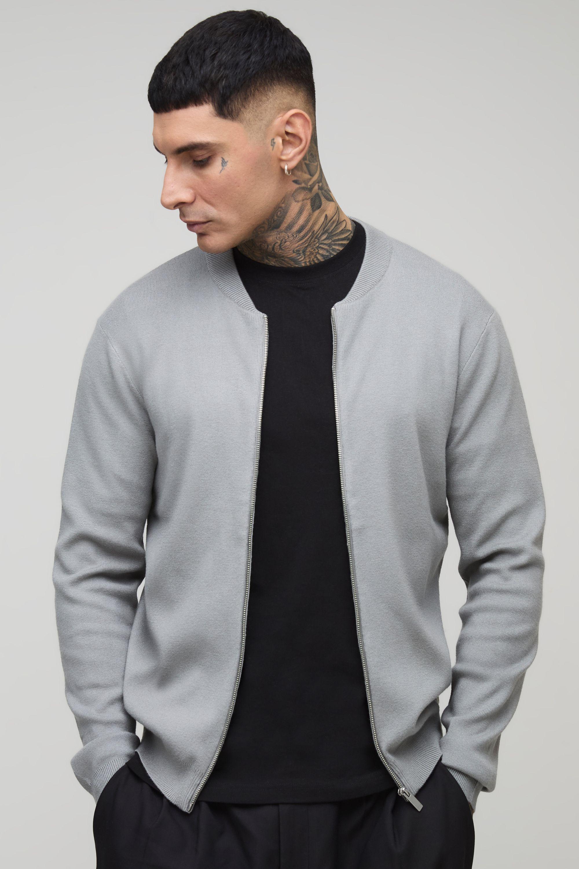 Tall Essential Regular Fit Knitted Bomber Jacket by BOOHOOMAN Tall Essential Regular Fit Knitted Bomber Jacket by BOOHOOMAN