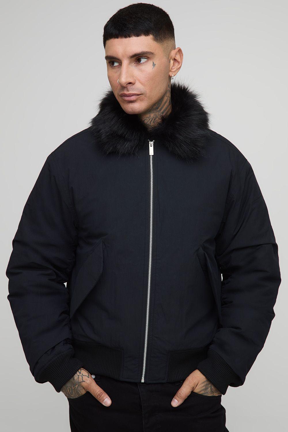 Tall Faux Fur Collar Regular Fit Bomber Jacket by BOOHOOMAN