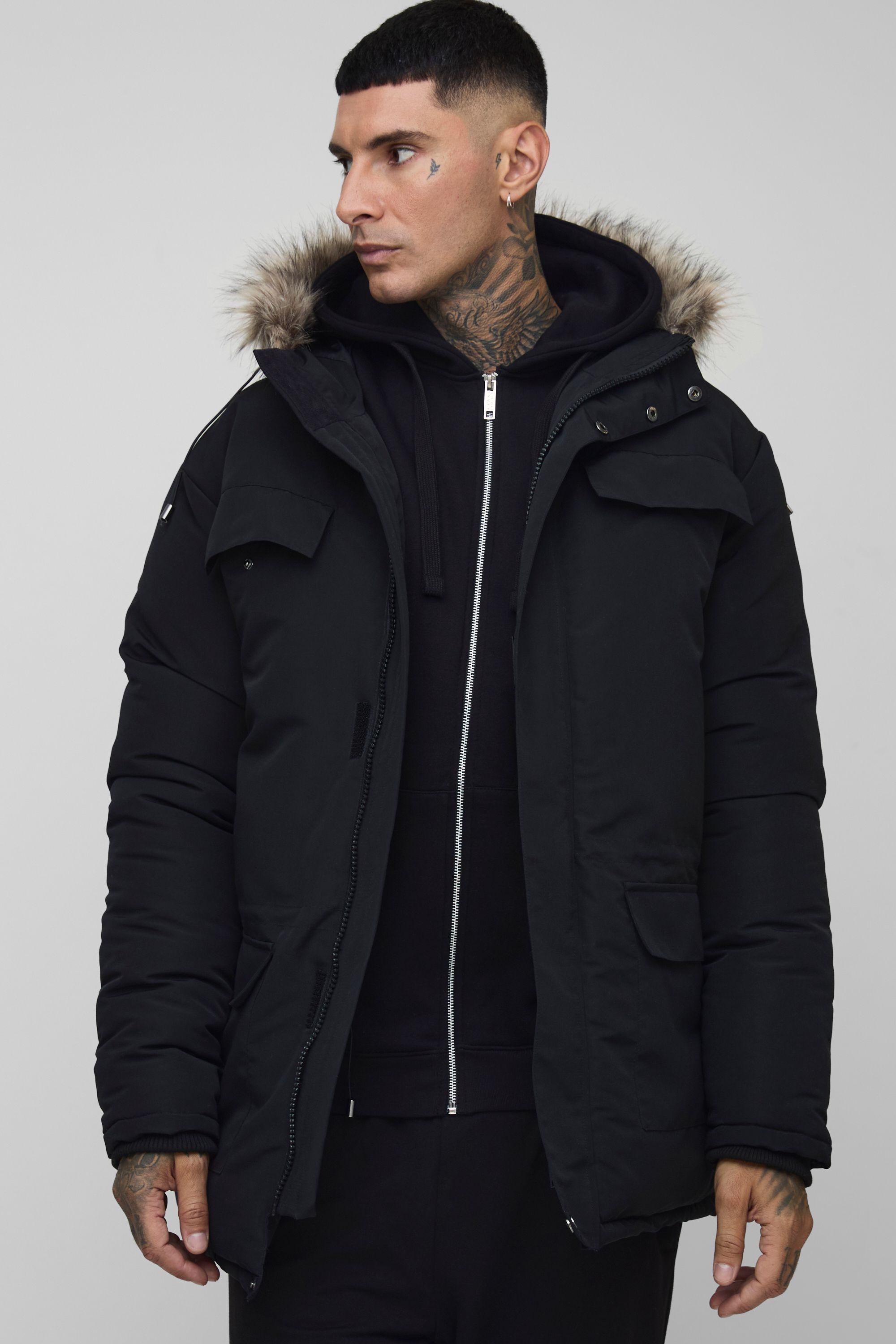 Tall Faux Fur Hooded Arctic Parka Jacket in Black by BOOHOOMAN