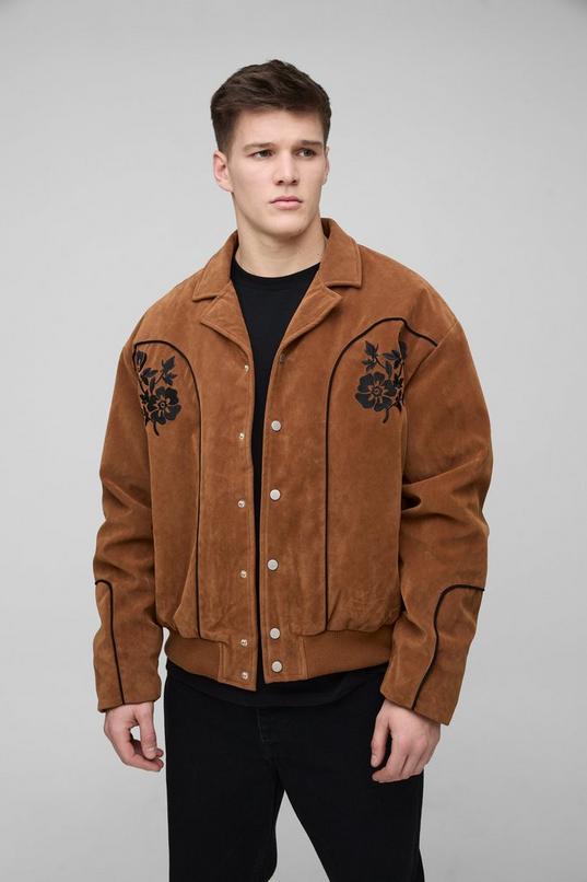 Tall Faux Suede Embroidered Oversized Boxy Fit Western Jacket by BOOHOOMAN