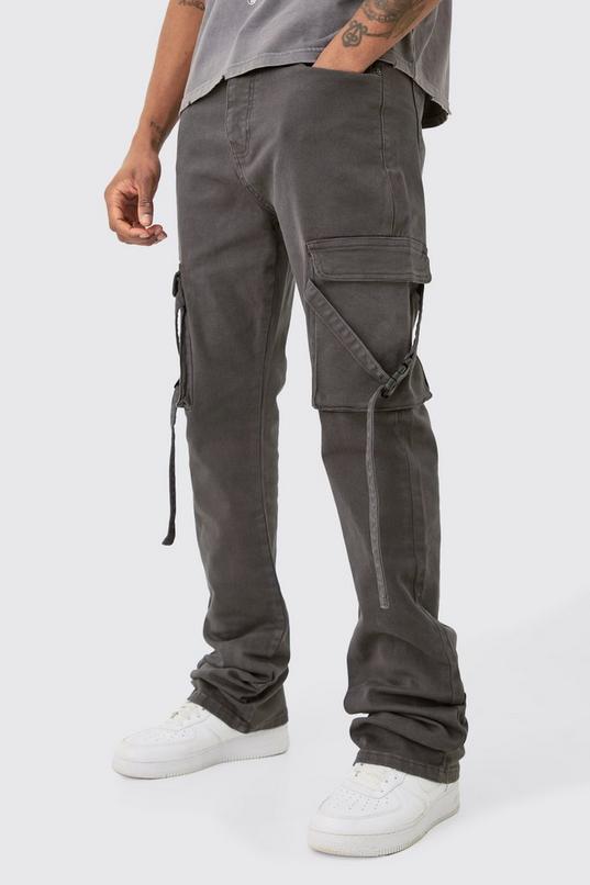 Tall Fixed Waist Stretch Slim Stacked Flare Strap Cargo Trouser by BOOHOOMAN