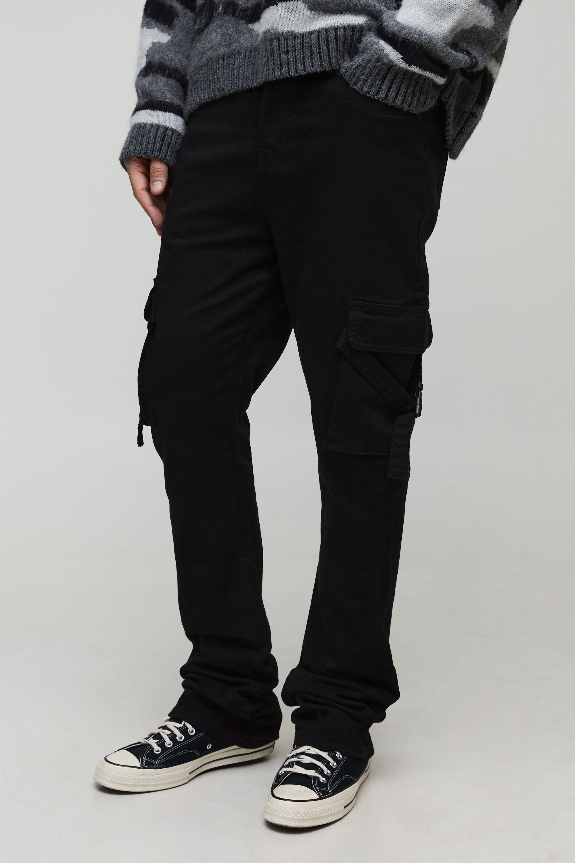 Tall Fixed Waist Stretch Slim Stacked Flare Strap Cargo Trouser by BOOHOOMAN