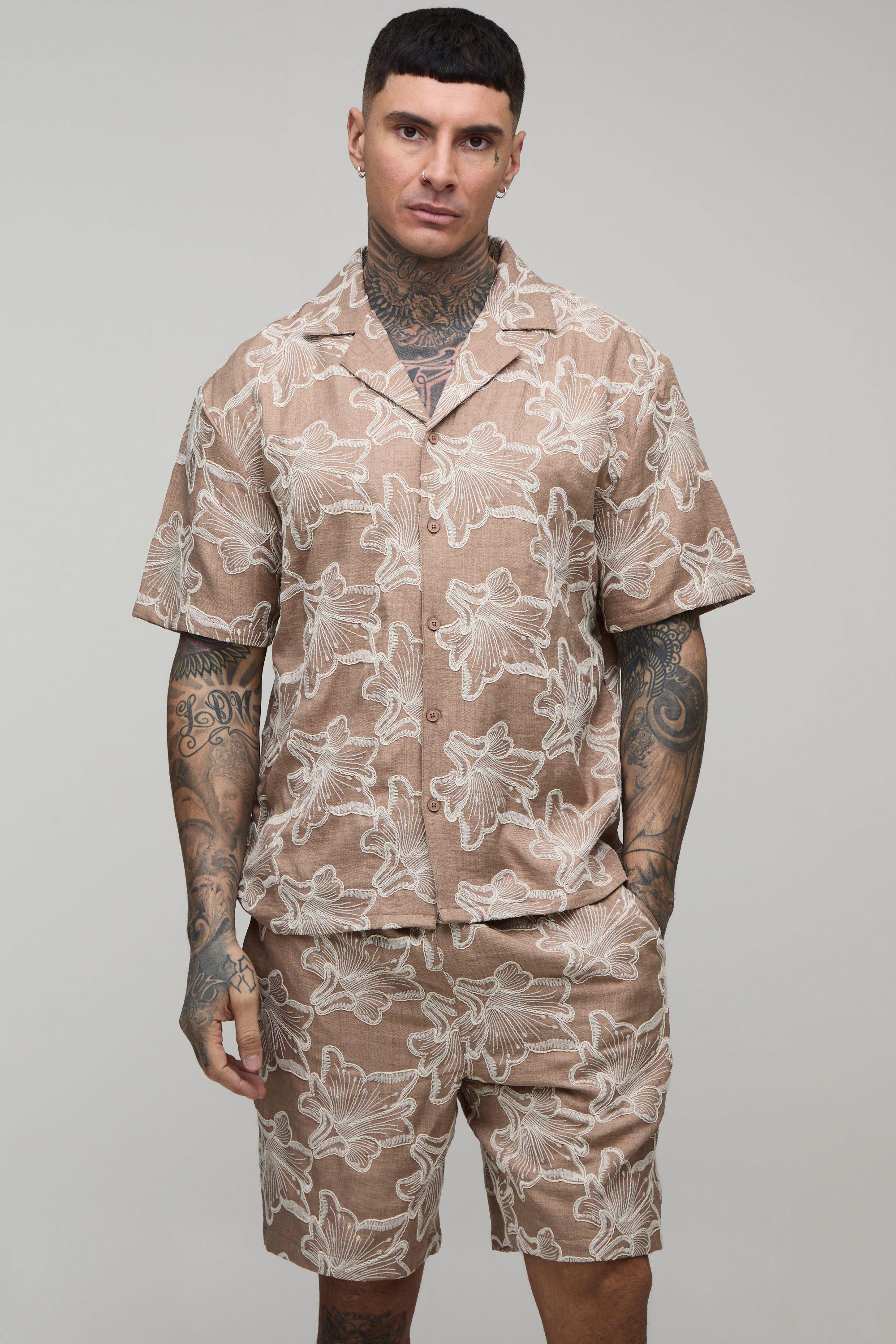 Tall Floral Embroidered Revere Shirt & Relaxed Short Set by BOOHOOMAN