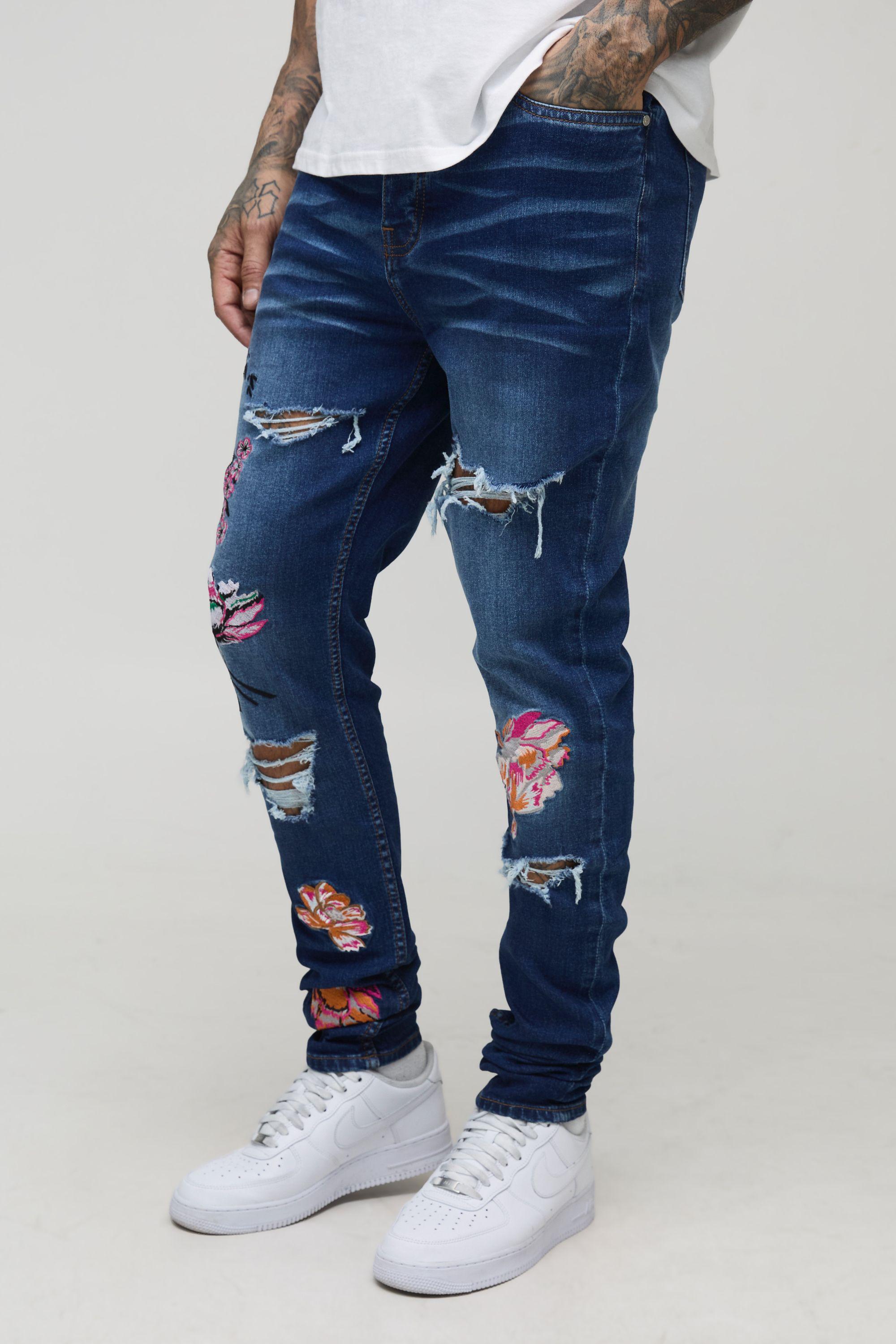 Tall Floral Embroidered Ripped Stacked Skinny Jeans by BOOHOOMAN