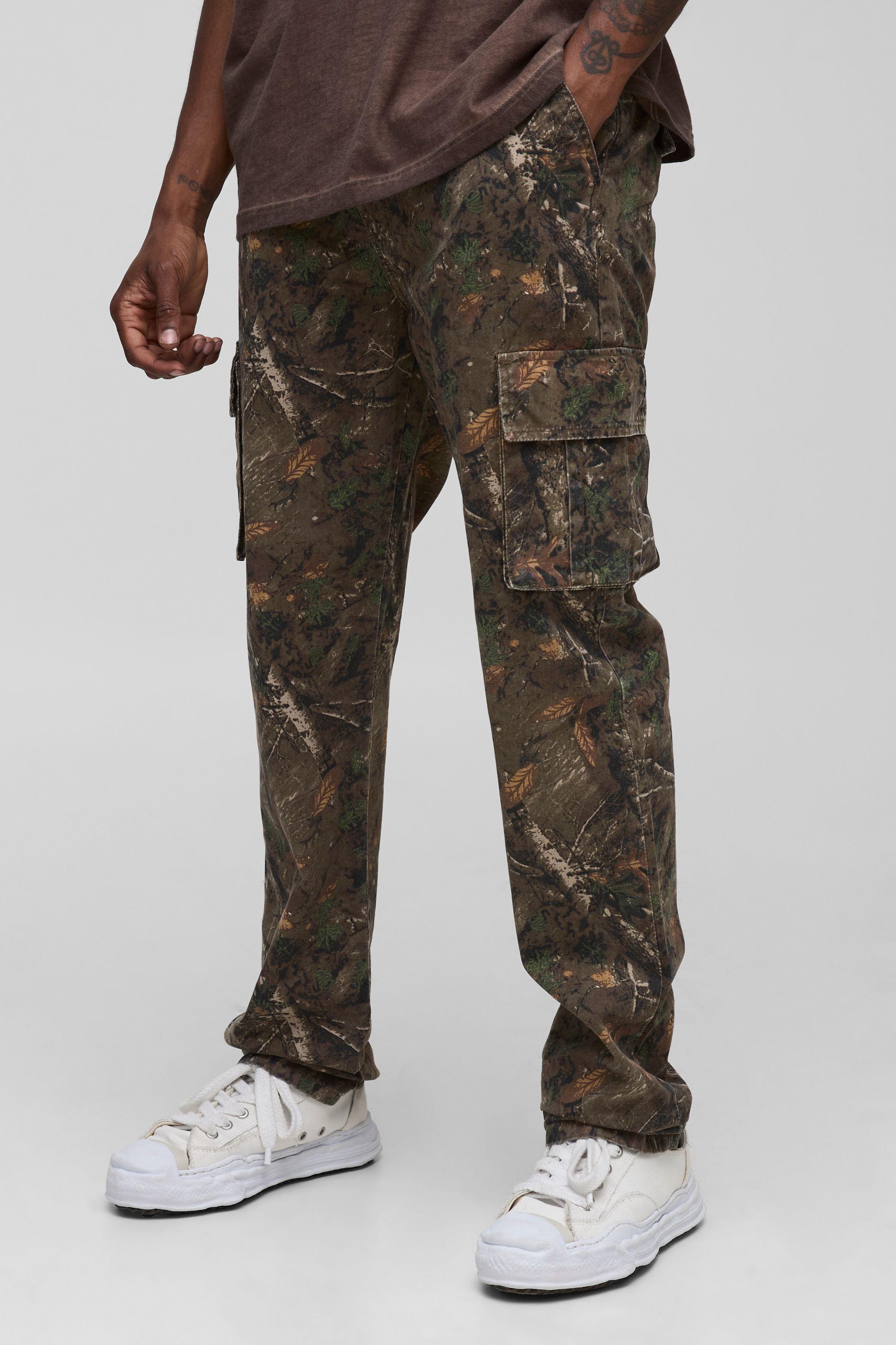 Tall Forest Washed Camo Slim Stacked Multi Cargo Trouser by BOOHOOMAN