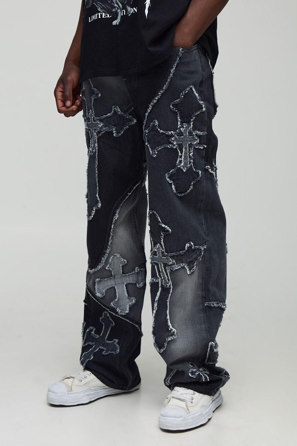 Tall Frayed Cross Applique Relaxed Fit Jeans by BOOHOOMAN