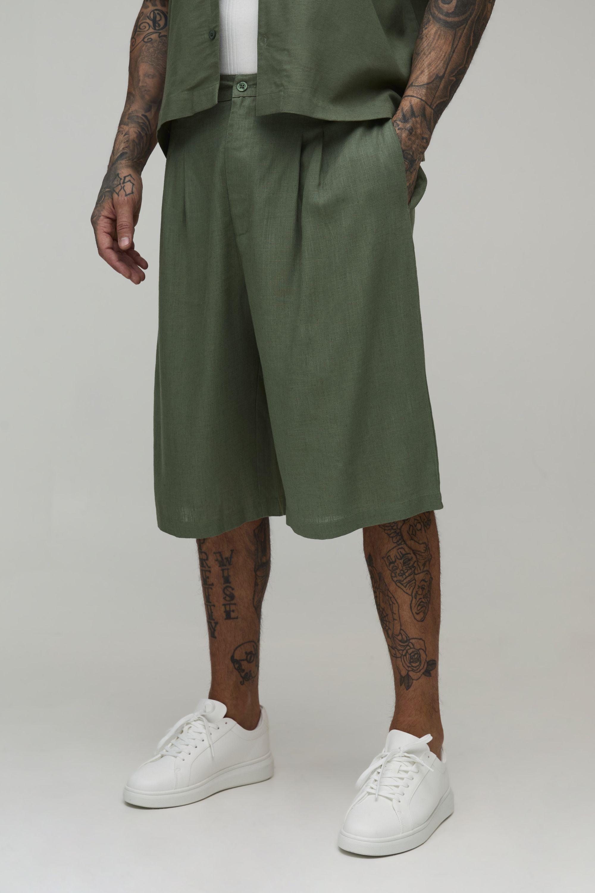 Tall Half & Half Waist  Relaxed Longline Linen Blend Jorts by BOOHOOMAN