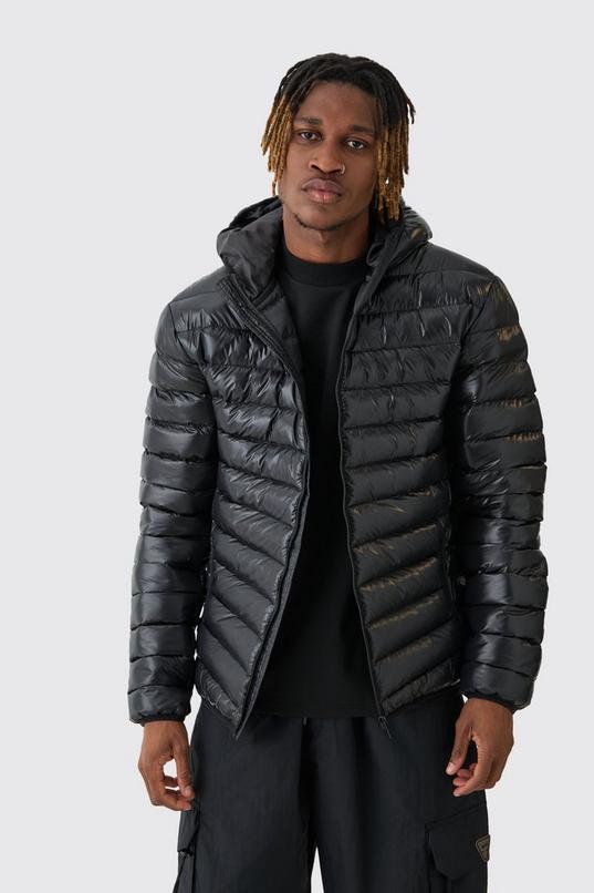 Tall High Shine Hooded Puffer Jacket In Black by BOOHOOMAN