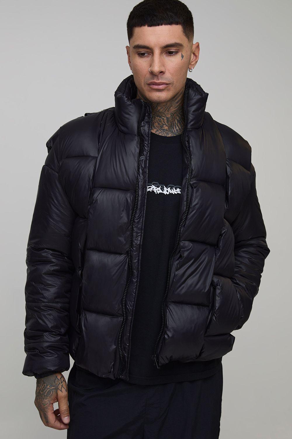 Tall High Shine Weft Oversized Funnel Neck Puffer Jacket by BOOHOOMAN