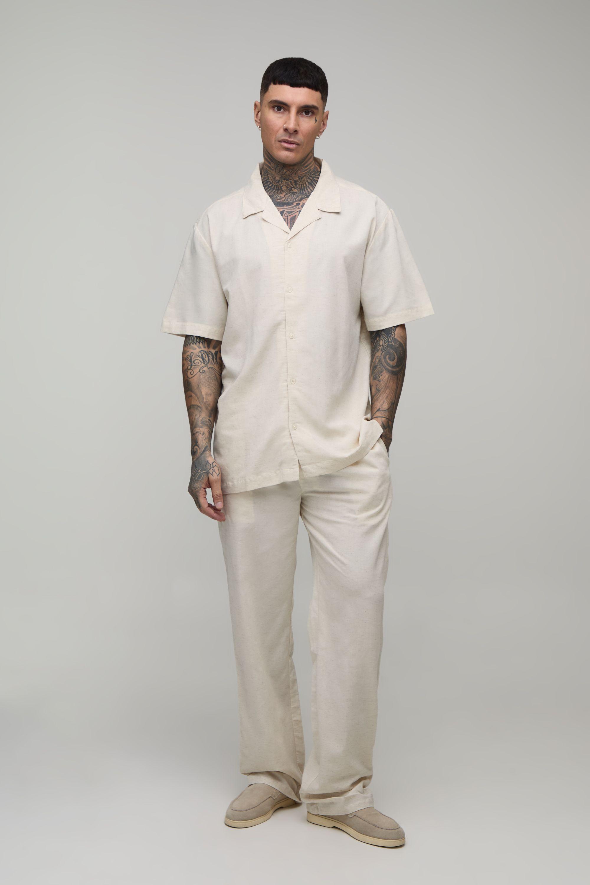 Tall Holiday Linen Blend Oversized Shirt & Relaxed Trouser Set by BOOHOOMAN