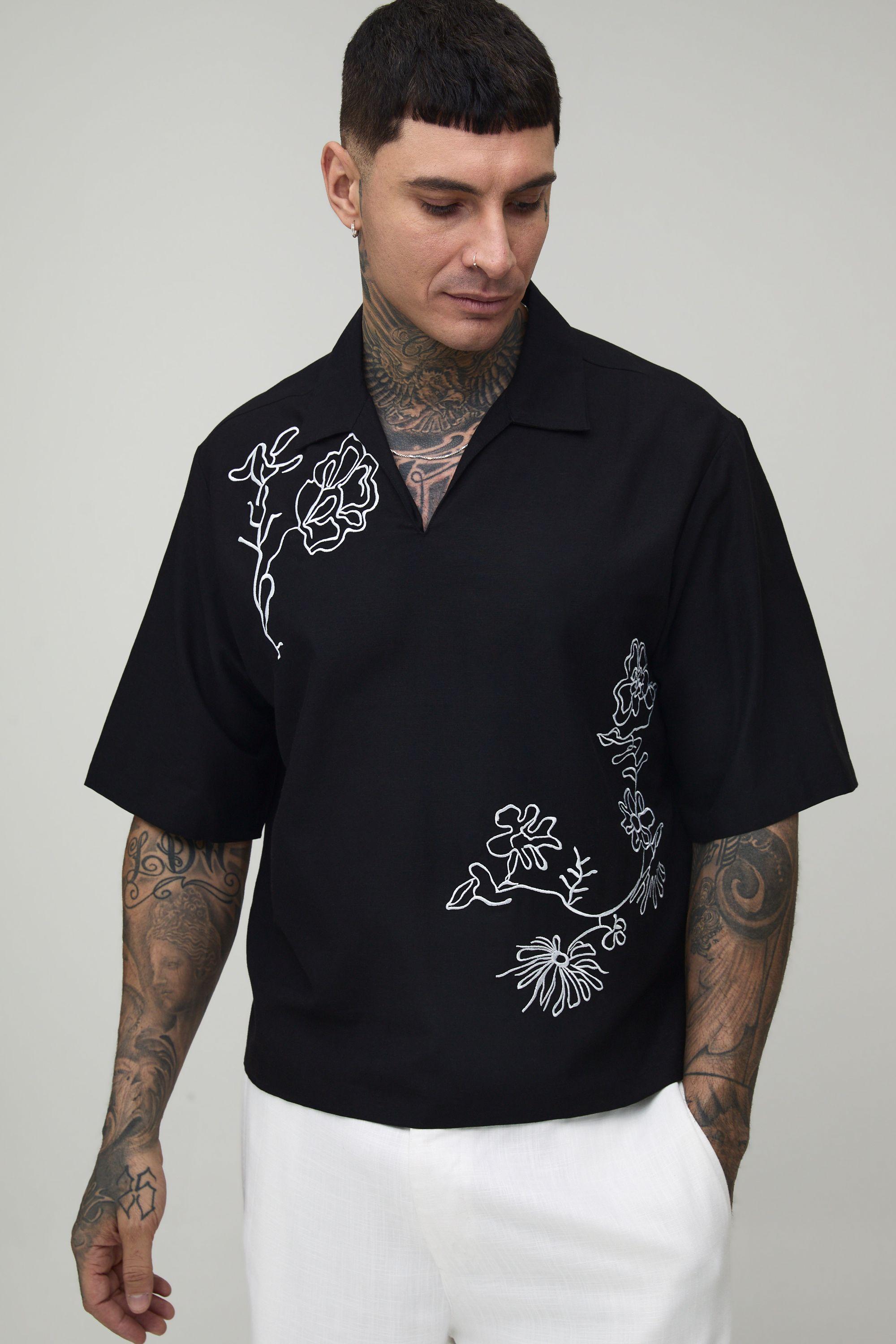 Tall Linen Blend Boxy V Neck Floral Embroidered Polo by BOOHOOMAN Tall Linen Blend Boxy V Neck Floral Embroidered Polo by BOOHOOMAN