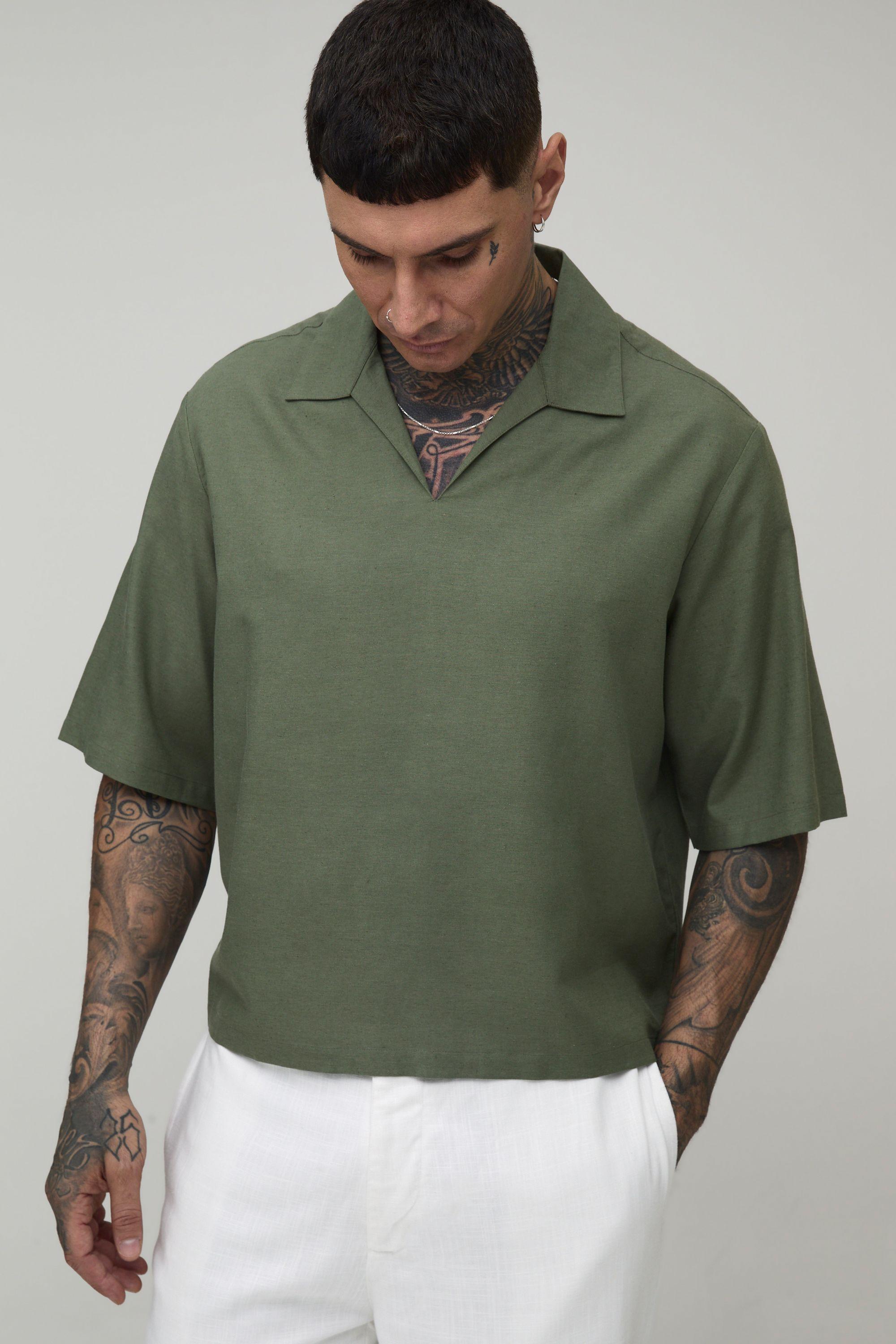 Tall Linen Blend Boxy V Neck Polo by BOOHOOMAN