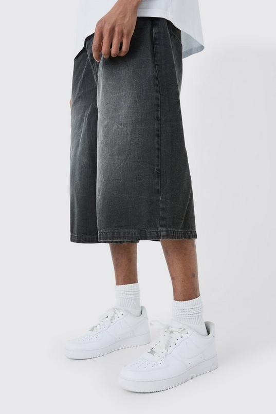 Tall Long Line Denim Jorts In Washed Black by BOOHOOMAN