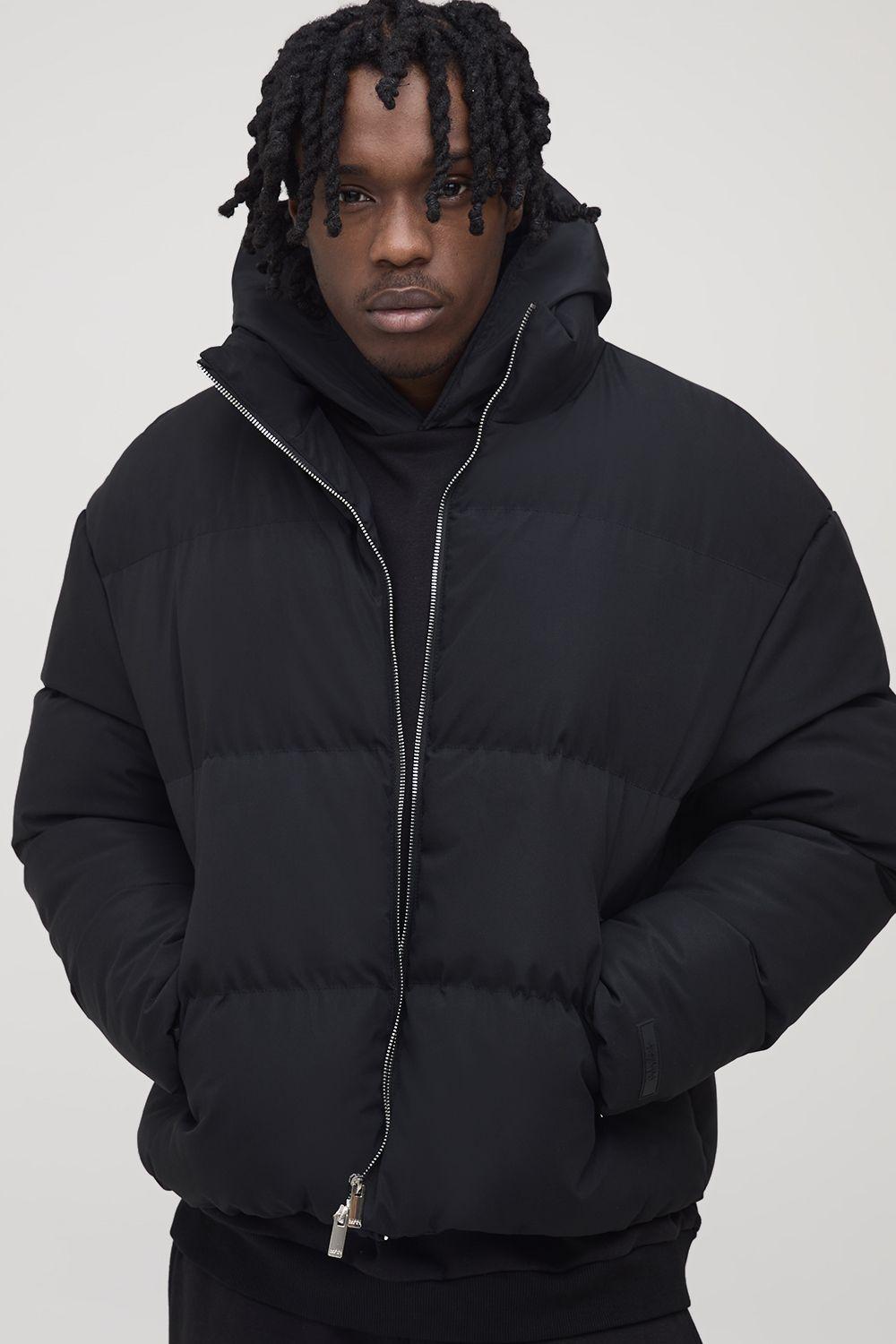 Tall Man Boxy Fit Funnel Neck Puffer Coat In Black by BOOHOOMAN