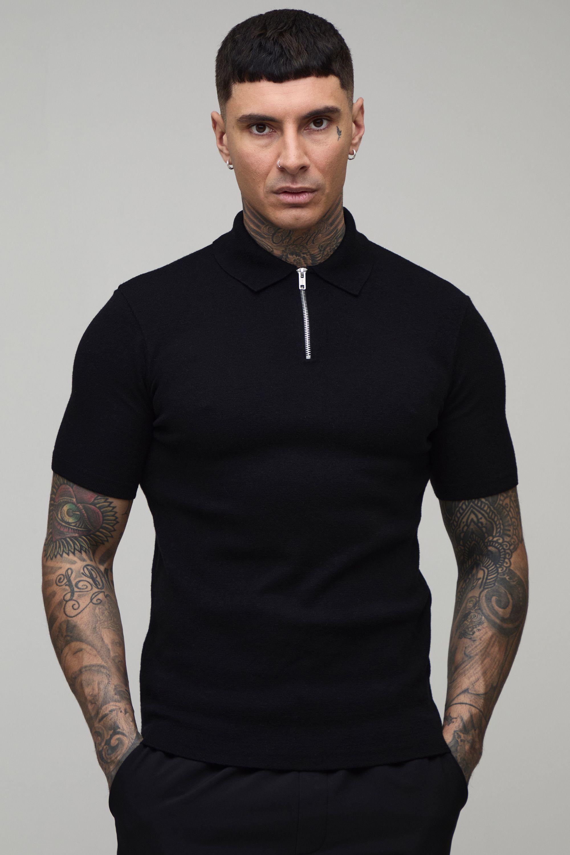 Tall Muscle Fit Soft Touch 1/4 Zip Knitted Polo by BOOHOOMAN