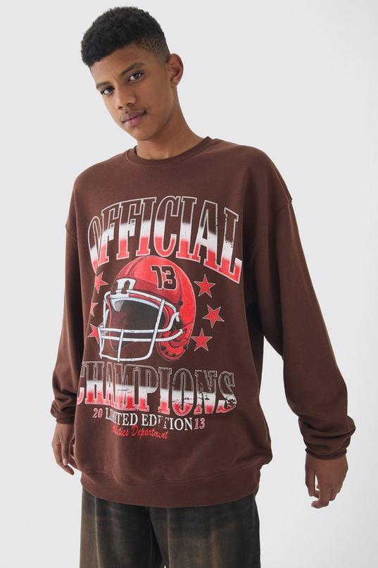 Tall Official Champions Print Washed Oversized Sweatshirt in Chocolate by BOOHOOMAN