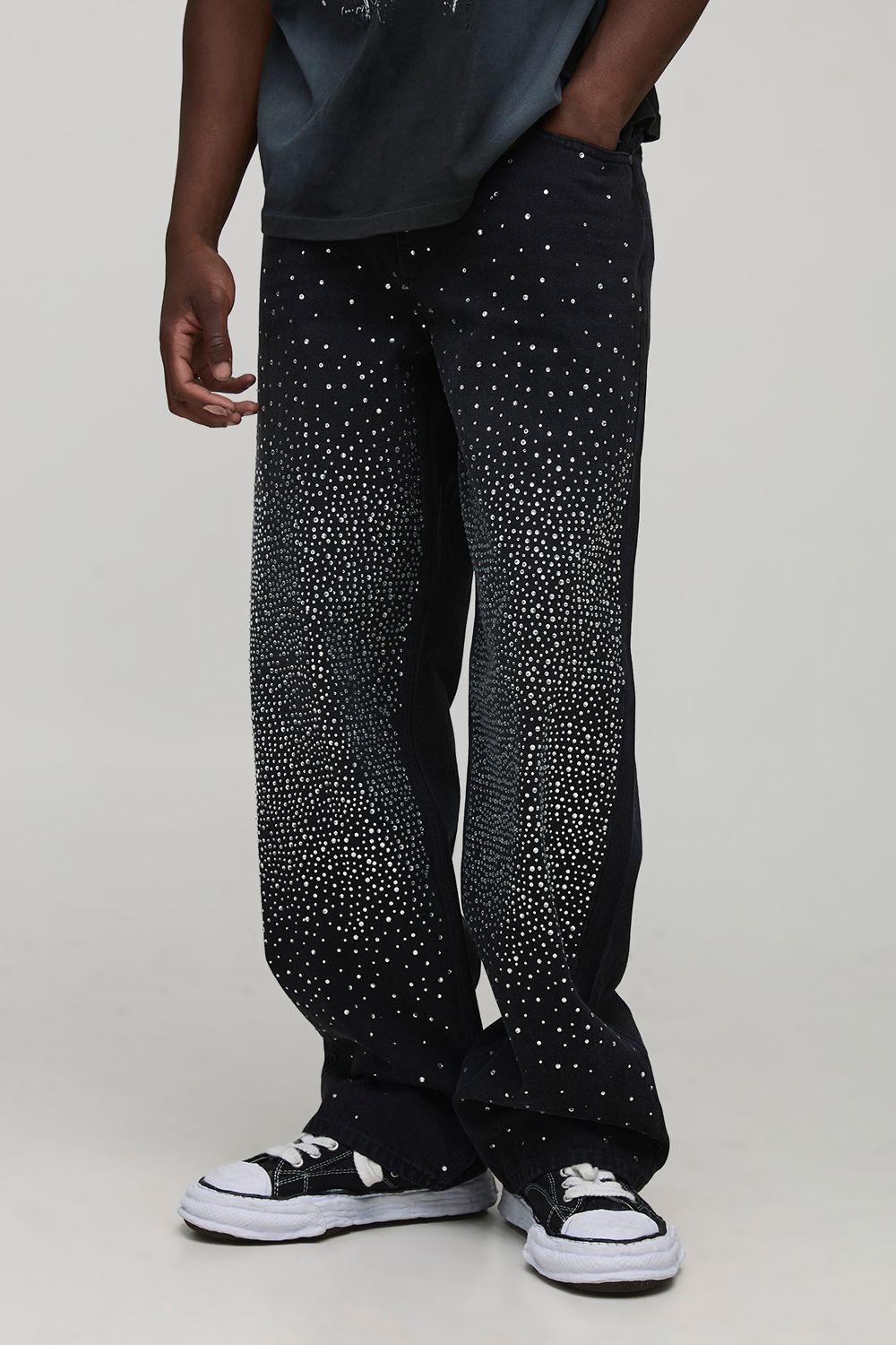 Tall Overdye Relaxed Fit All Over Rhinestone Jeans by BOOHOOMAN