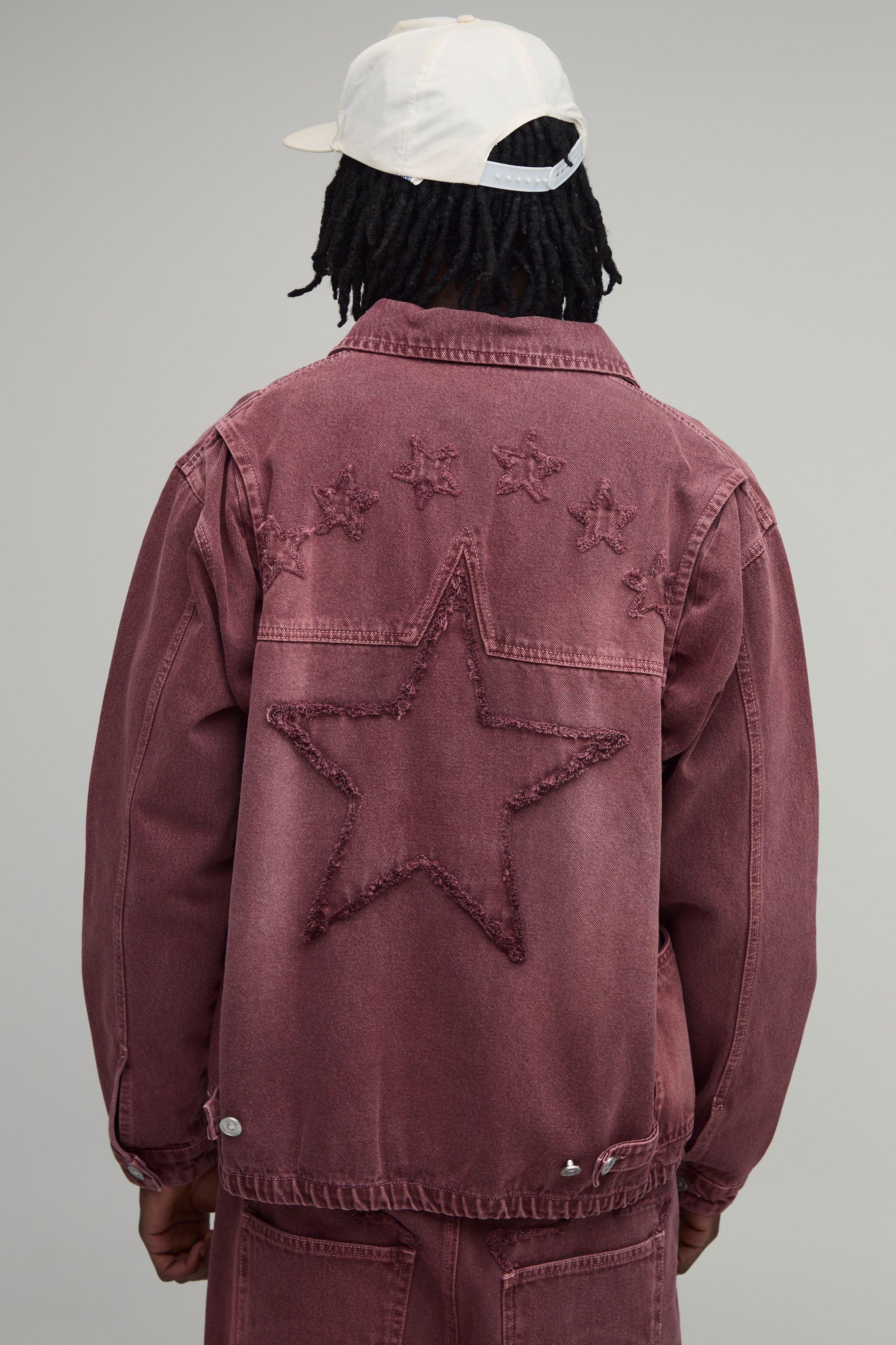 Tall Overdye Western Applique Denim Harrington Jacket by BOOHOOMAN