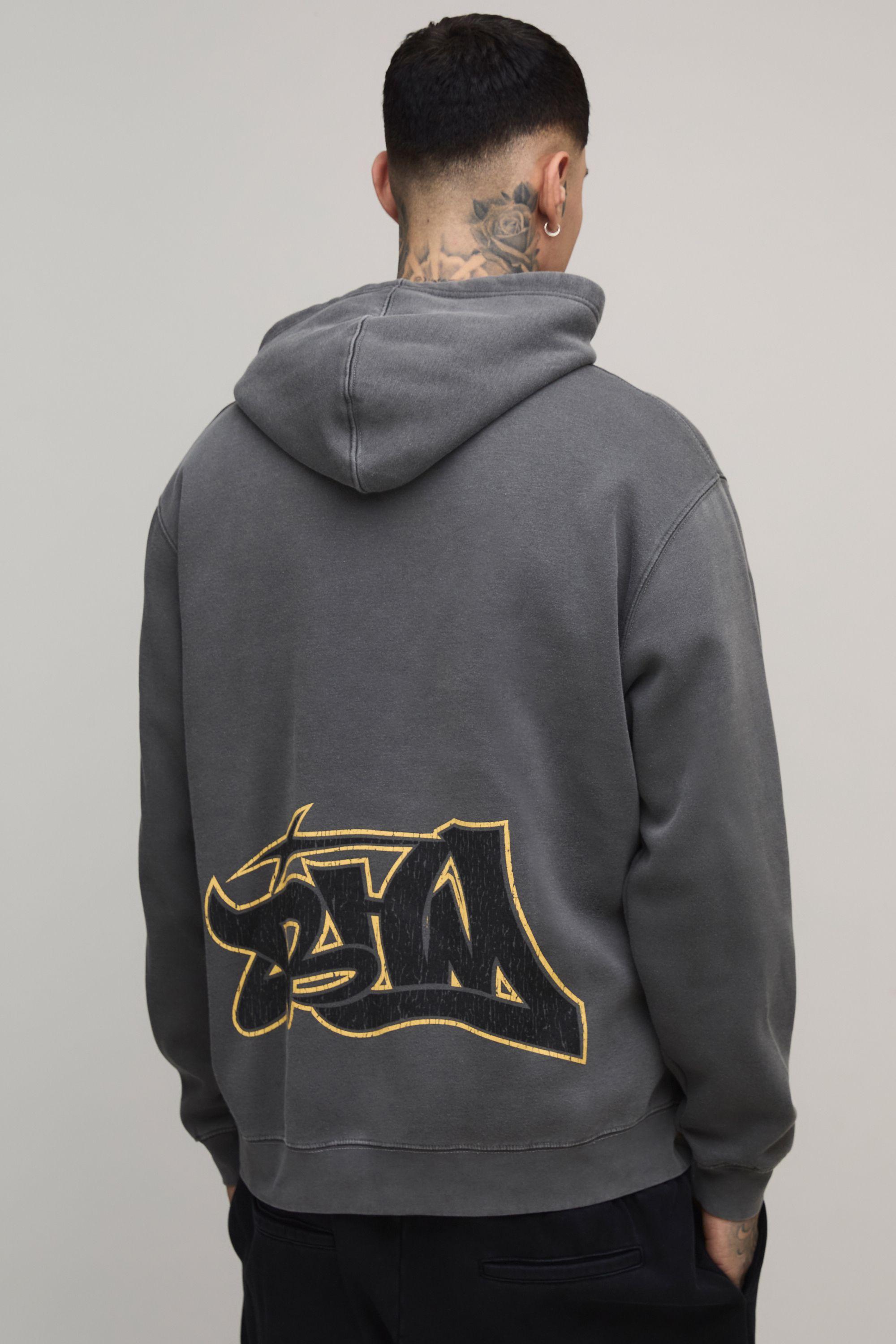 Tall Oversized BHM Graffiti Washed Printed Hoodie by BOOHOOMAN