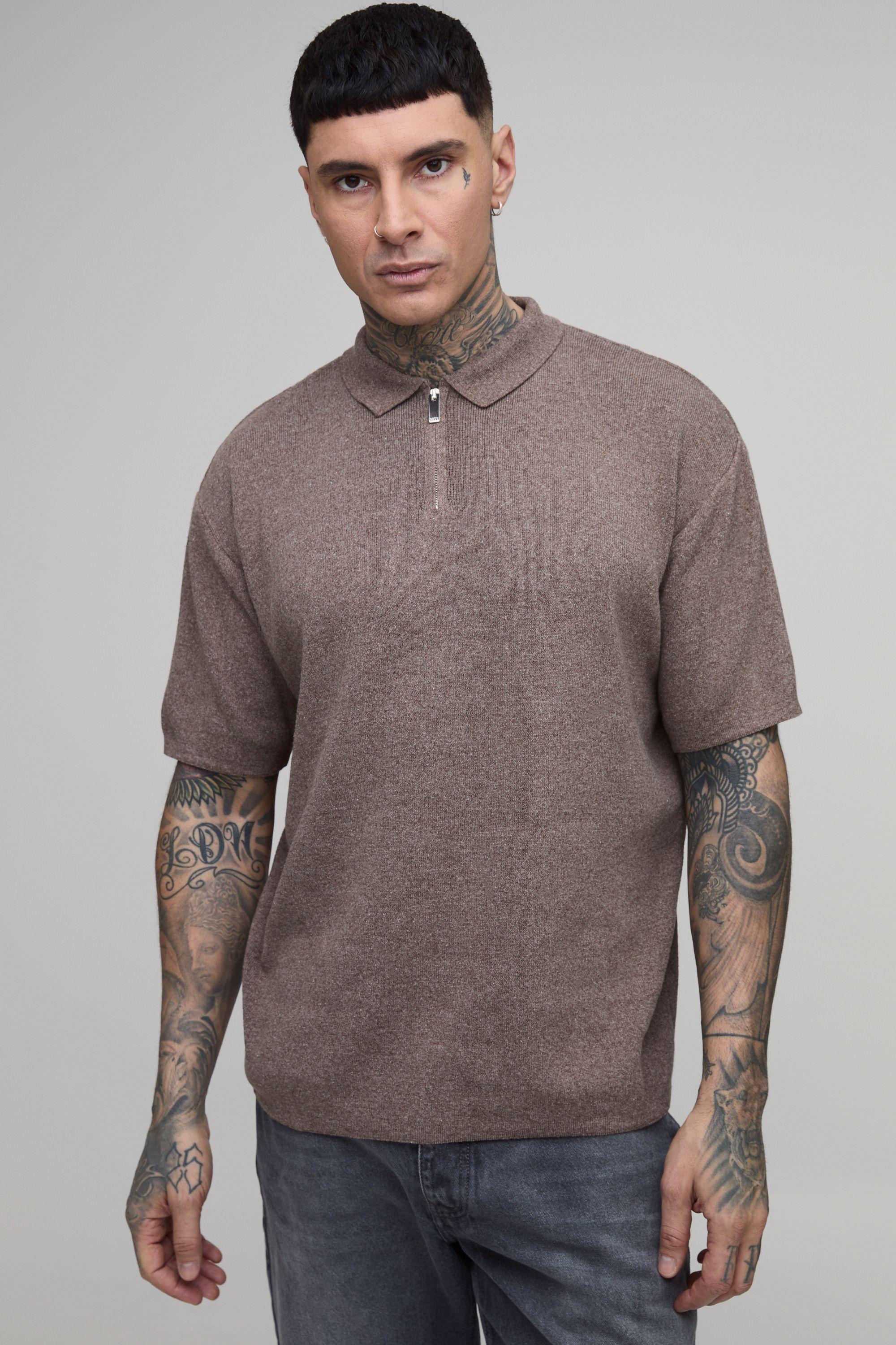 Tall Oversized Boxy 1/4 Zip Cotton Blend Knitted Polo by BOOHOOMAN
