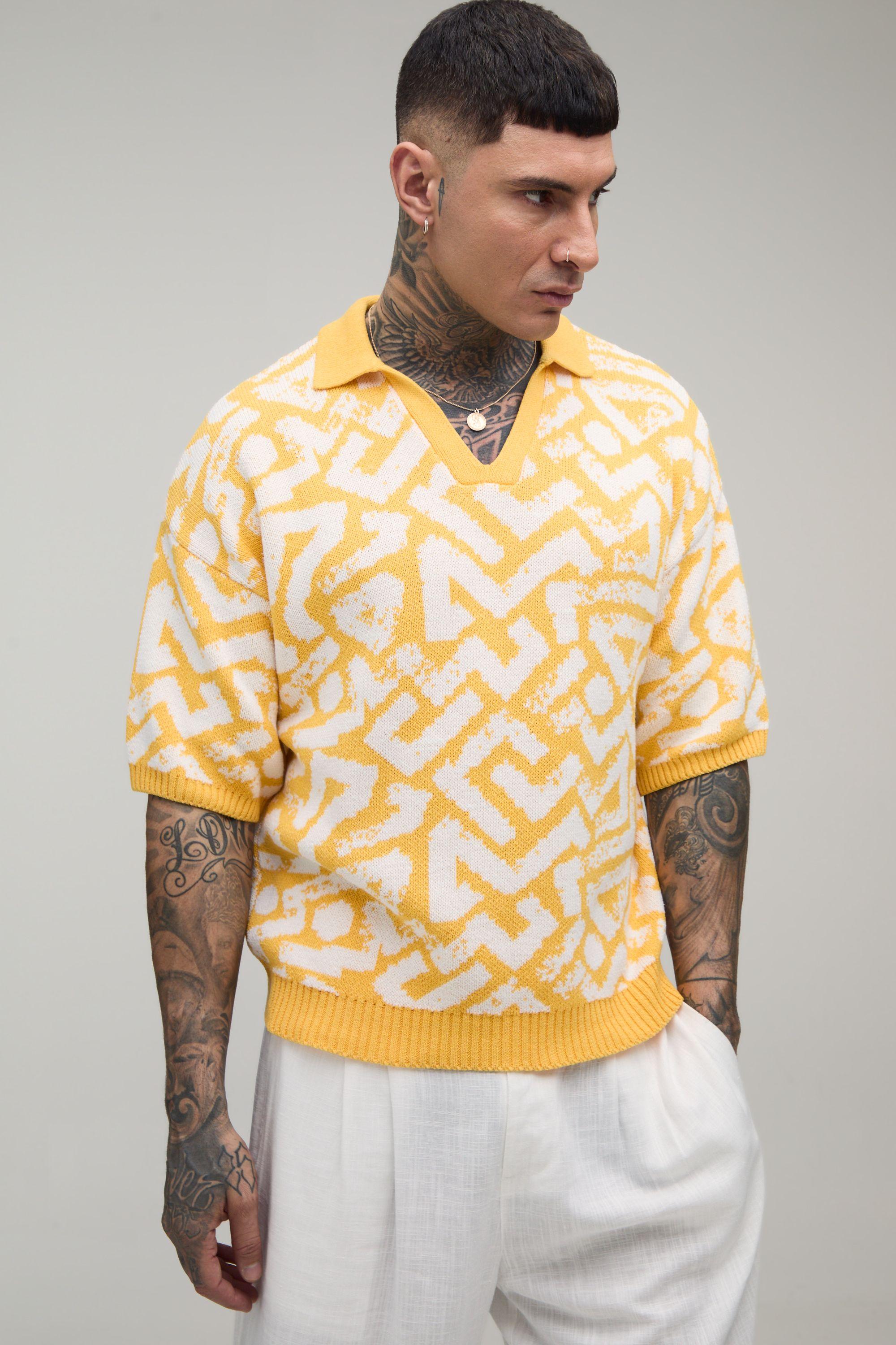 Tall Oversized Boxy Abstract Jacquard Knitted Polo by BOOHOOMAN