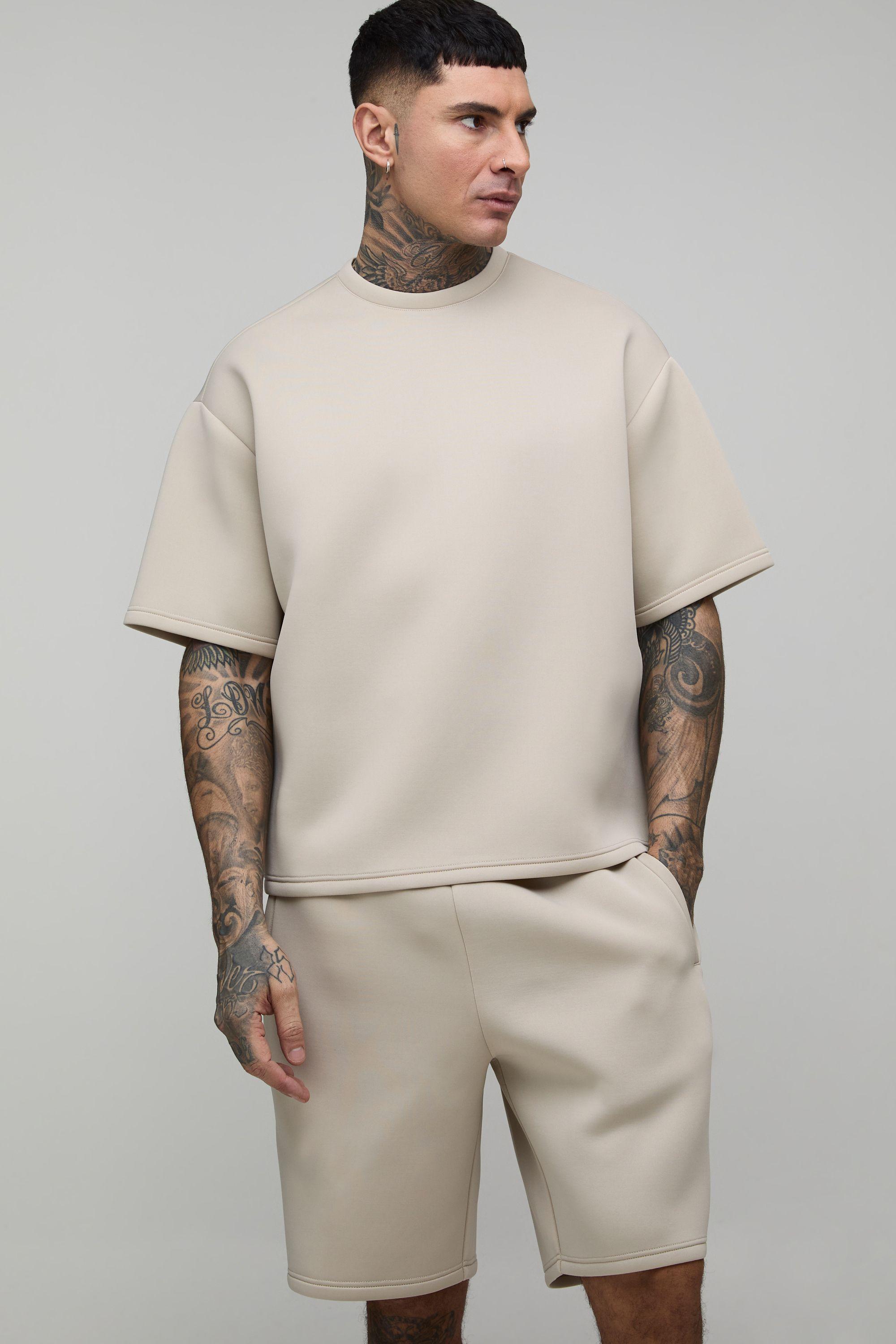 Tall Oversized Boxy Bonded Scuba T-Shirt & Relaxed Short Set by BOOHOOMAN