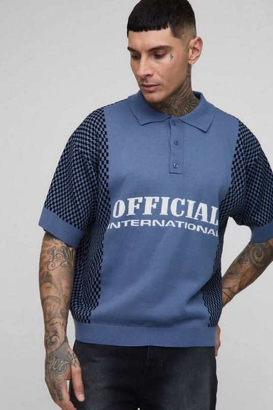 Tall Oversized Boxy Check Official Moto Knitted Polo by BOOHOOMAN