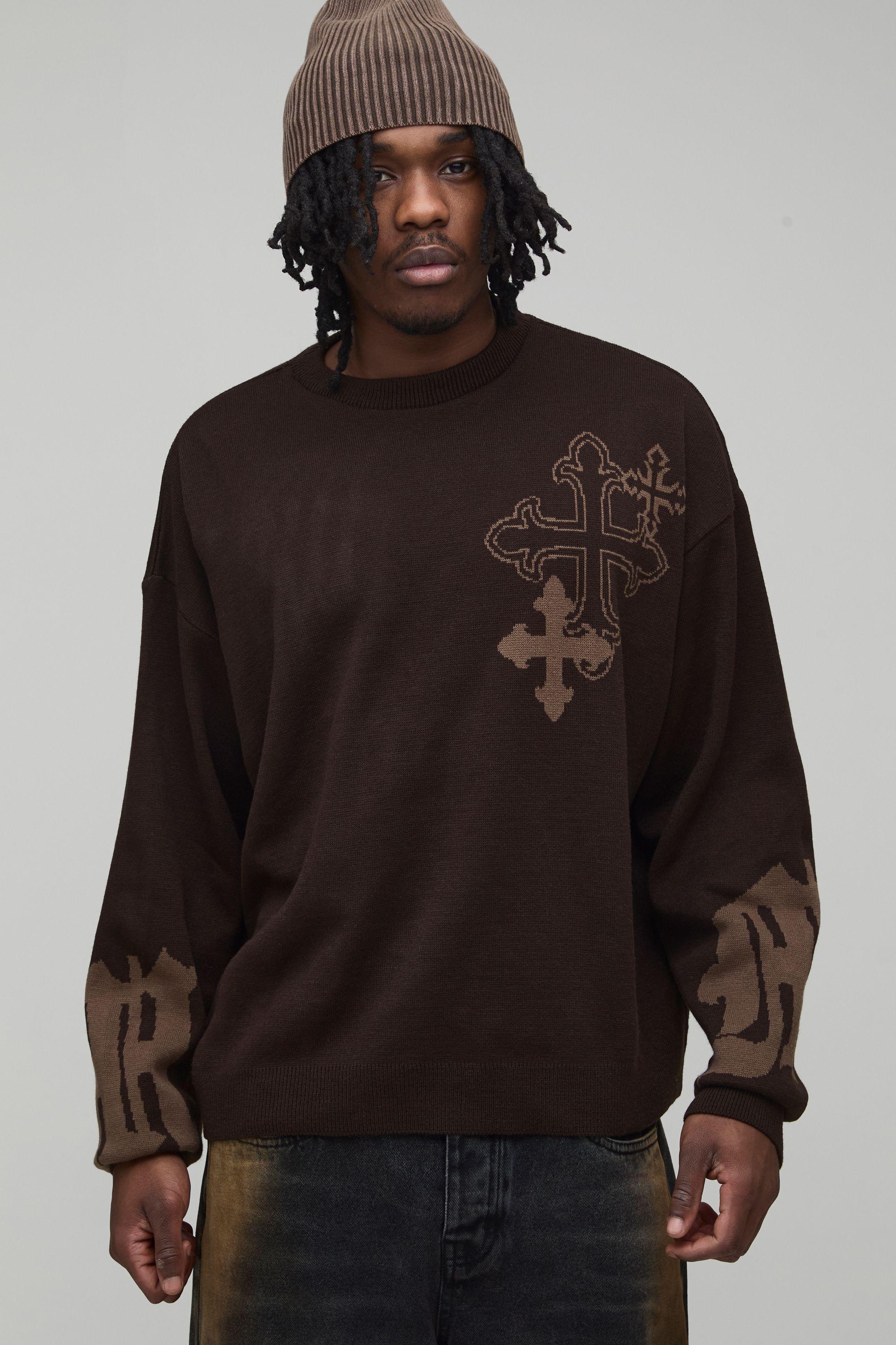 Tall Oversized Boxy Cross Graphic Knitted Jumper by BOOHOOMAN