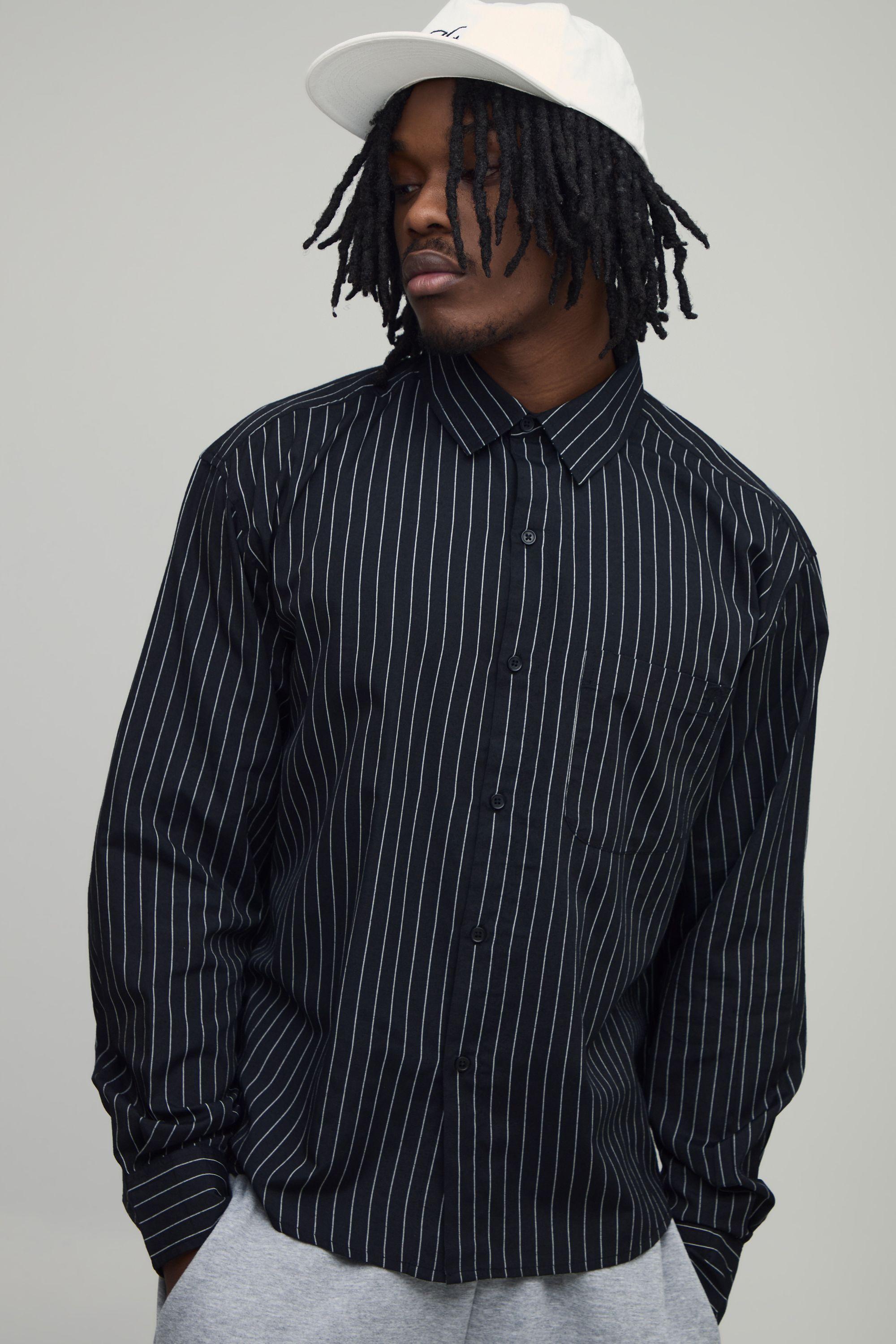Tall Oversized Boxy Curve Hem B Embroidery Stripe Shirt by BOOHOOMAN