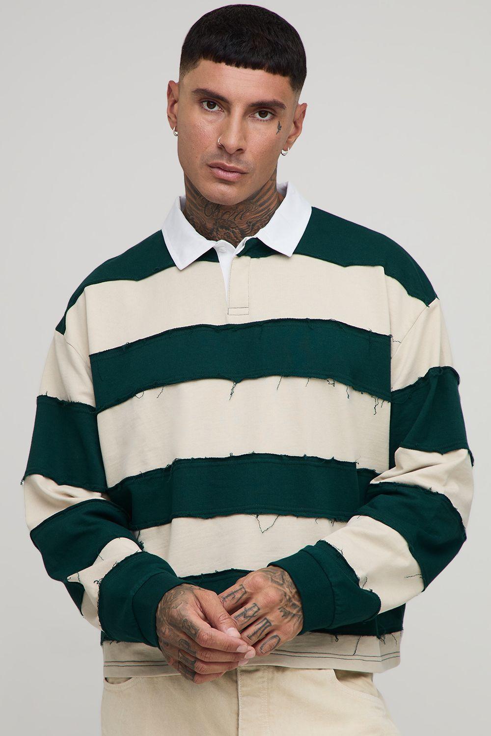 Tall Oversized Boxy Distressed Long Sleeve Rugby Polo by BOOHOOMAN