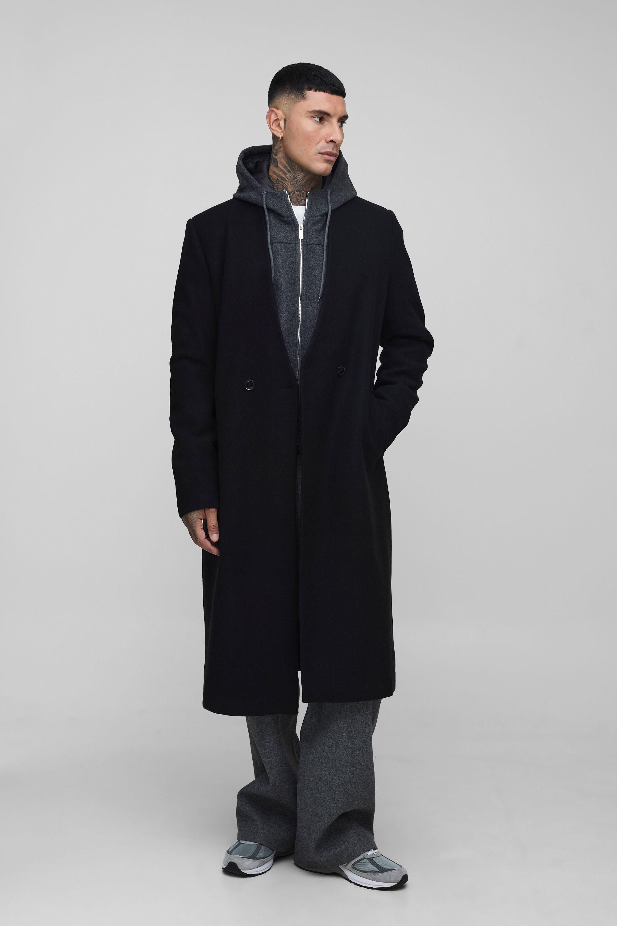 Tall Oversized Boxy Double Breasted Collarless Overcoat by BOOHOOMAN Tall Oversized Boxy Double Breasted Collarless Overcoat by BOOHOOMAN