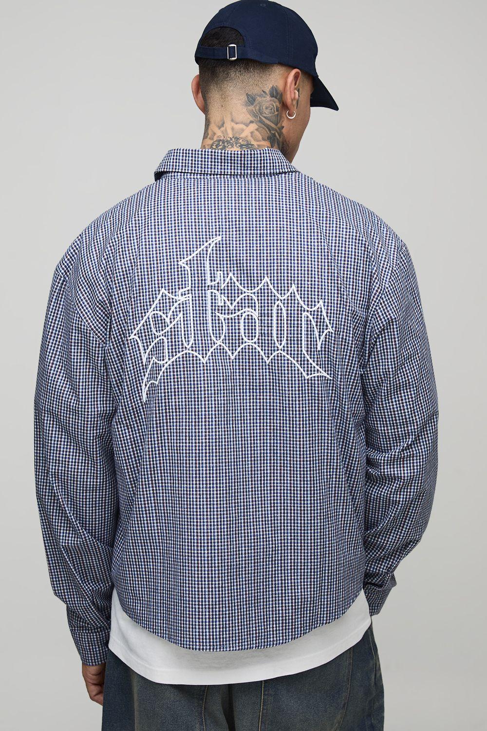 Tall Oversized Boxy Embroidered Micro Check Shirt by BOOHOOMAN