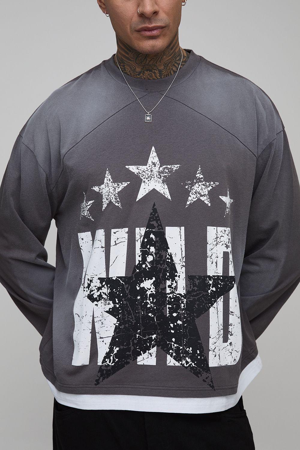 Tall Oversized Boxy Faux Hem Star Textured Western Wild Star Graphic Washed T-Shirt by BOOHOOMAN