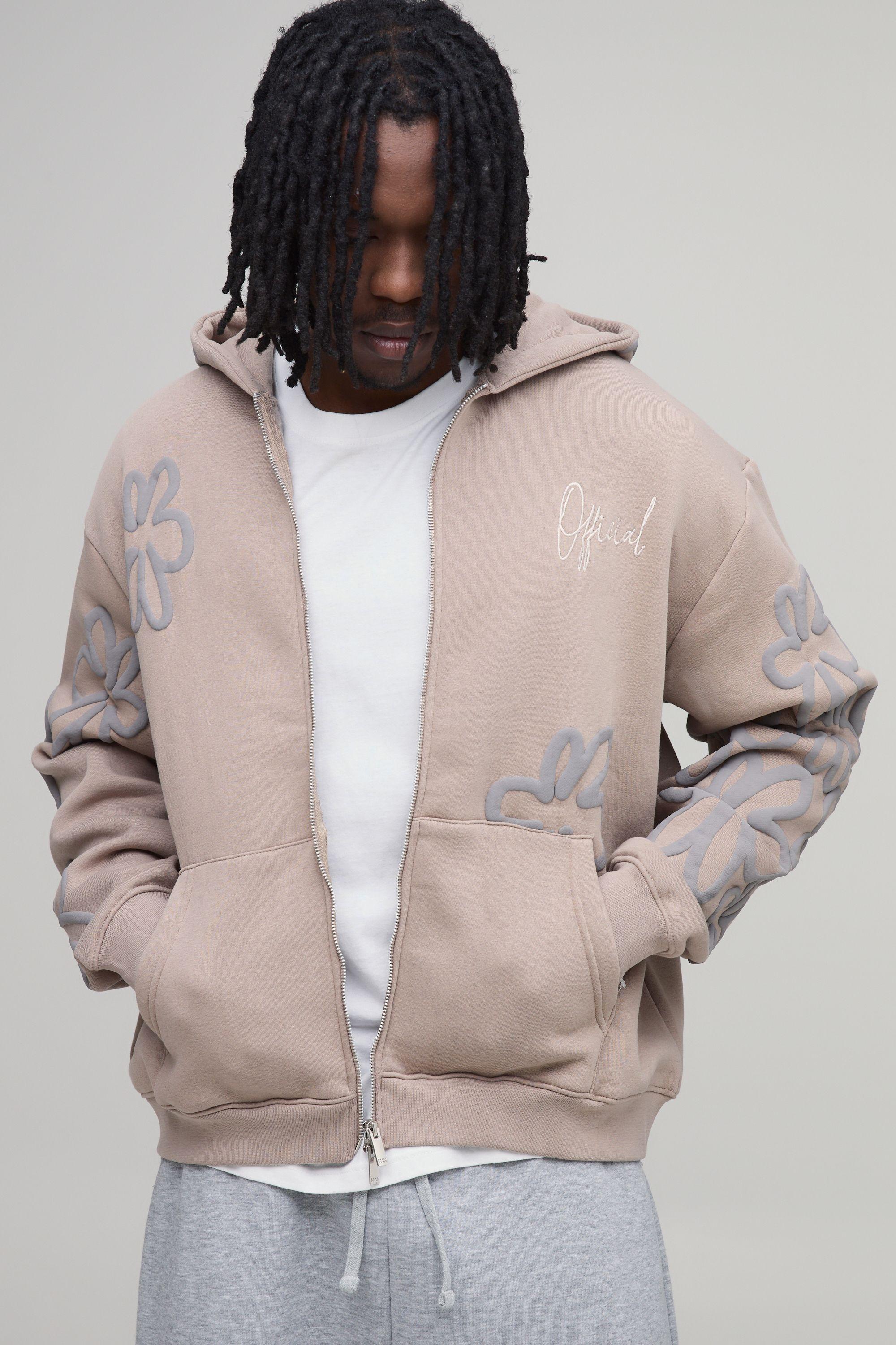 Tall Oversized Boxy Floral Puff Print Zip Through Hoodie by BOOHOOMAN