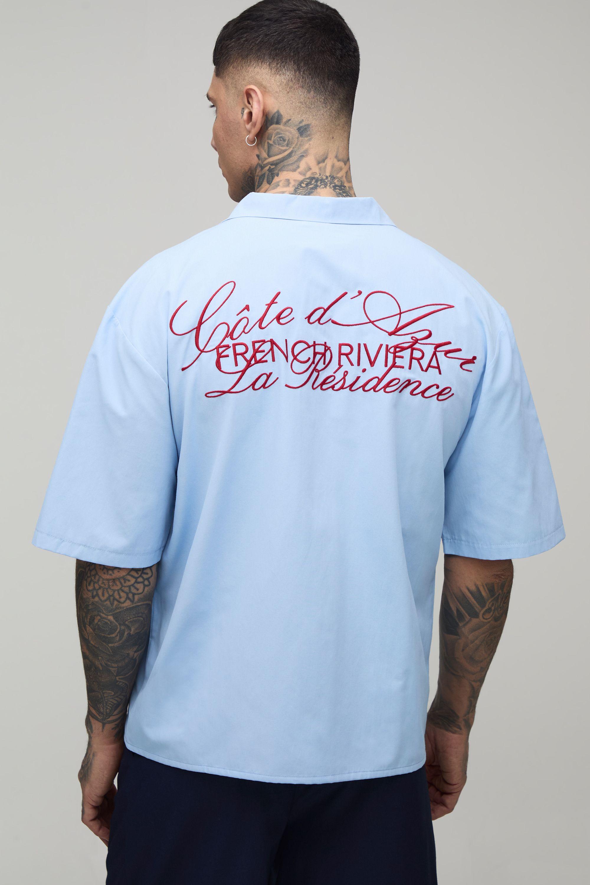 Tall Oversized Boxy French Riviera Embroidered Half Sleeve Shirt by BOOHOOMAN