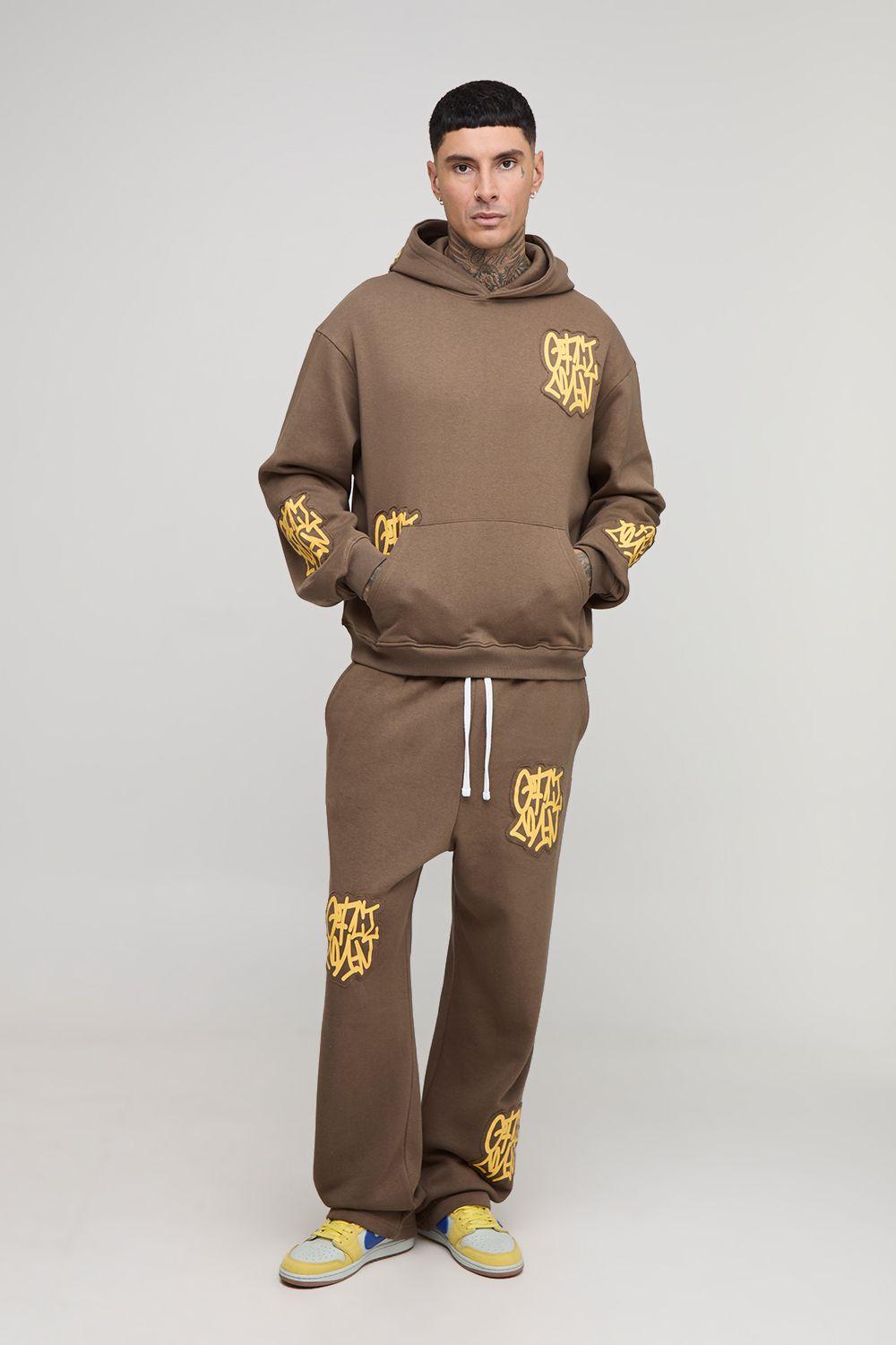 Tall Oversized Boxy Graffiti Applique Hoodie & Oversized Dropped Crotch Jogger Tracksuit by BOOHOOMAN