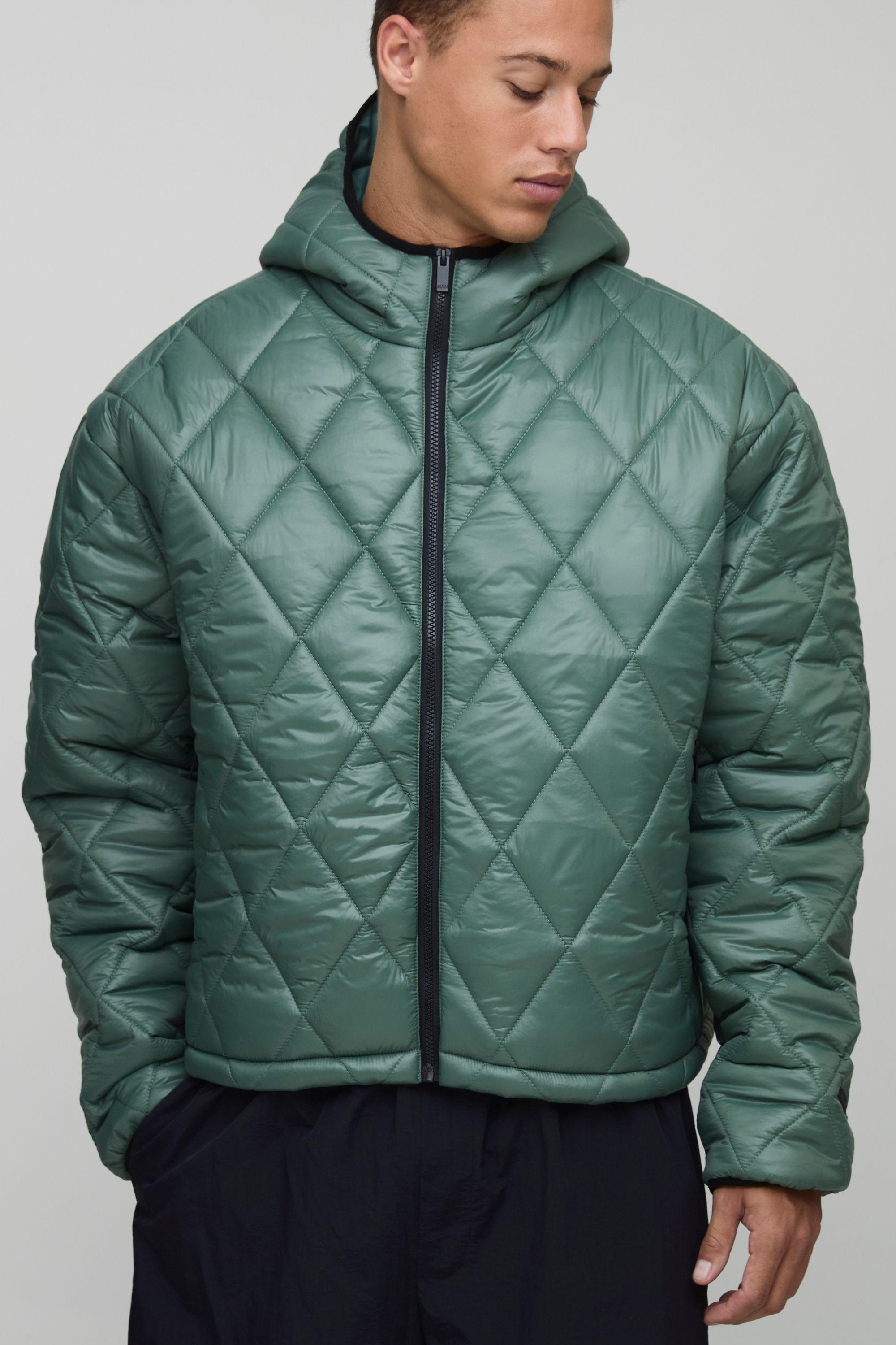 Tall Oversized Boxy High Shine Quilted Hooded Funnel Puffer Jacket by BOOHOOMAN