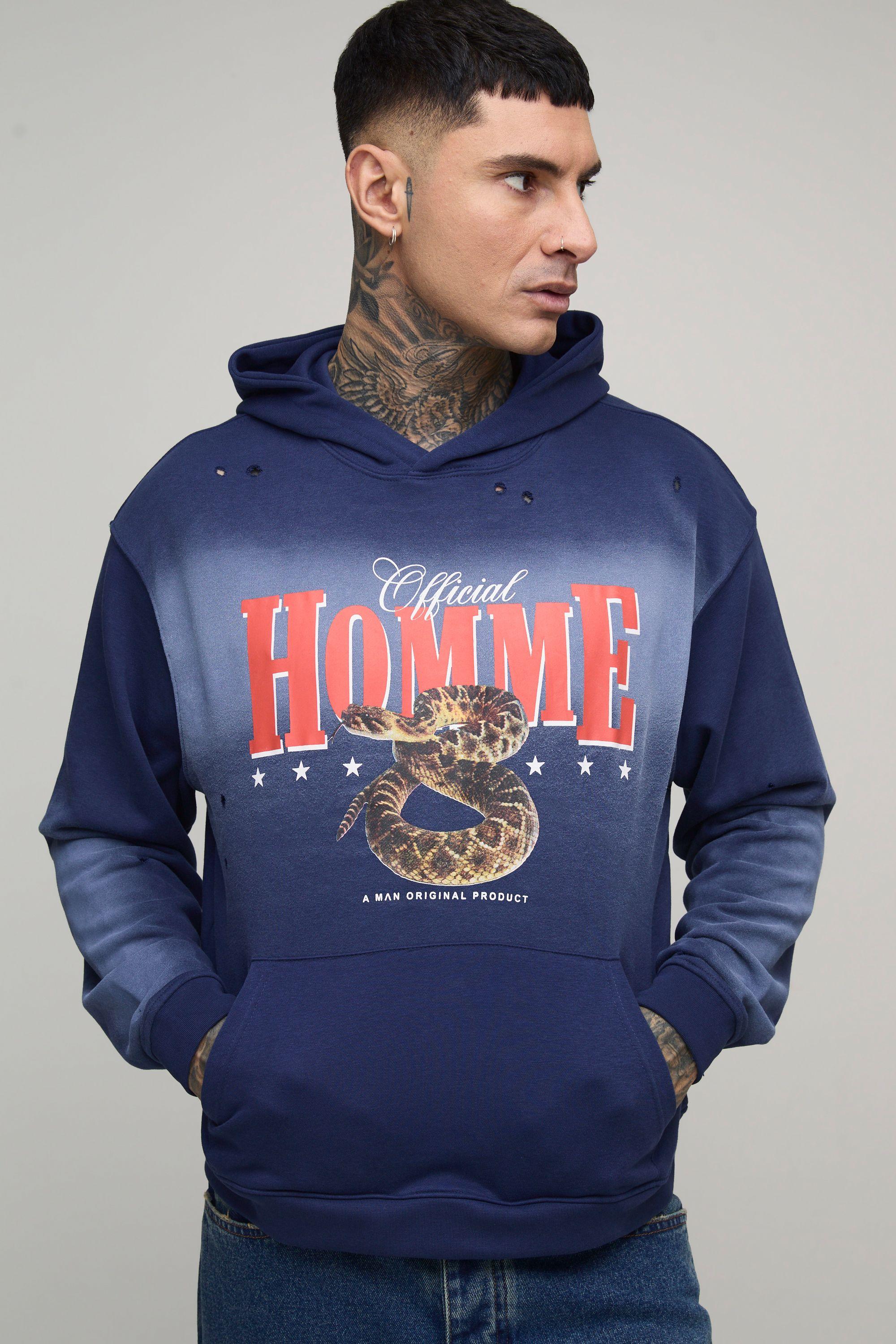 Tall Oversized Boxy Homme Western Spray Wash Distressed Hoodie by BOOHOOMAN