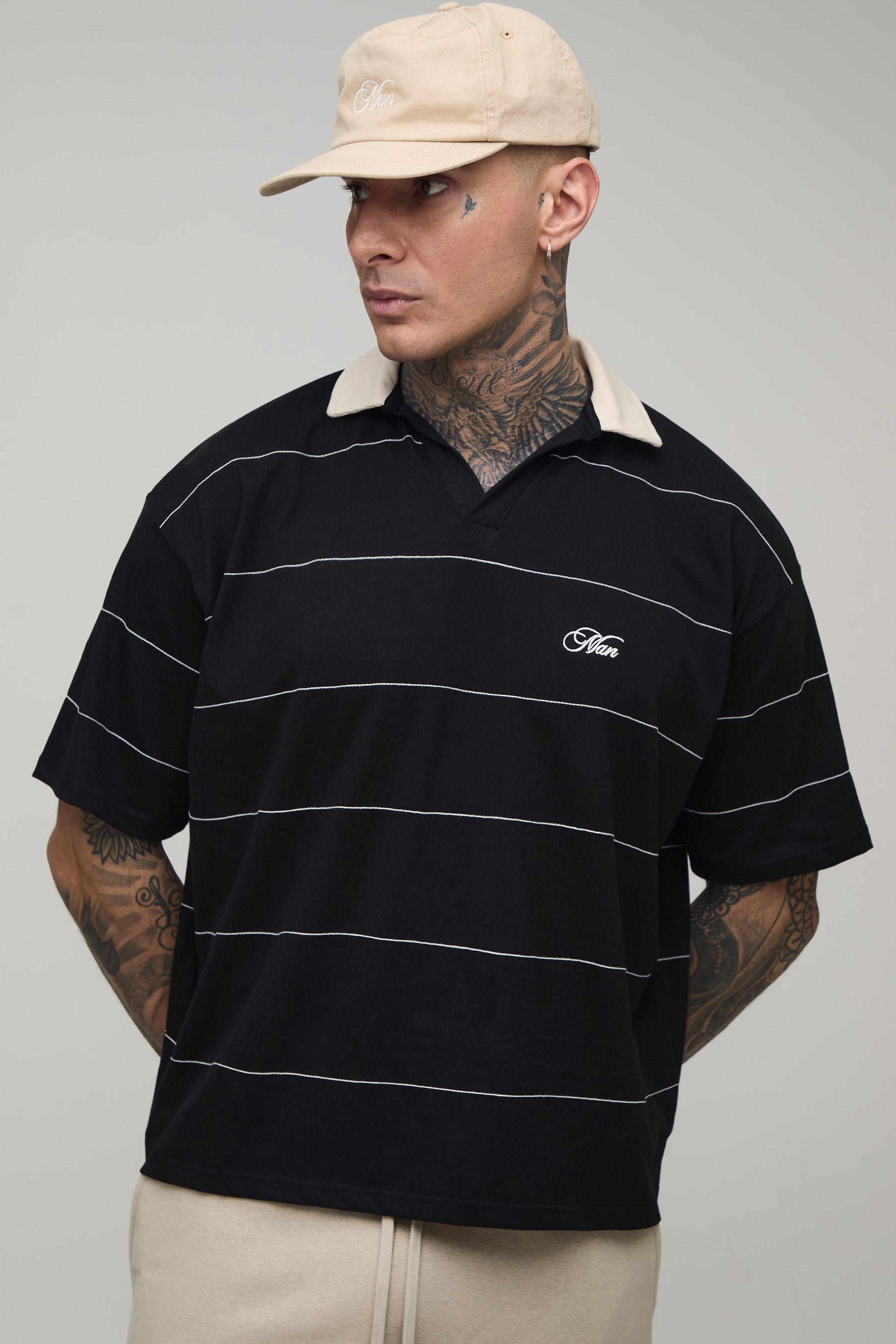 Tall Oversized Boxy Man Script Chain Stitch Rugby Polo by BOOHOOMAN