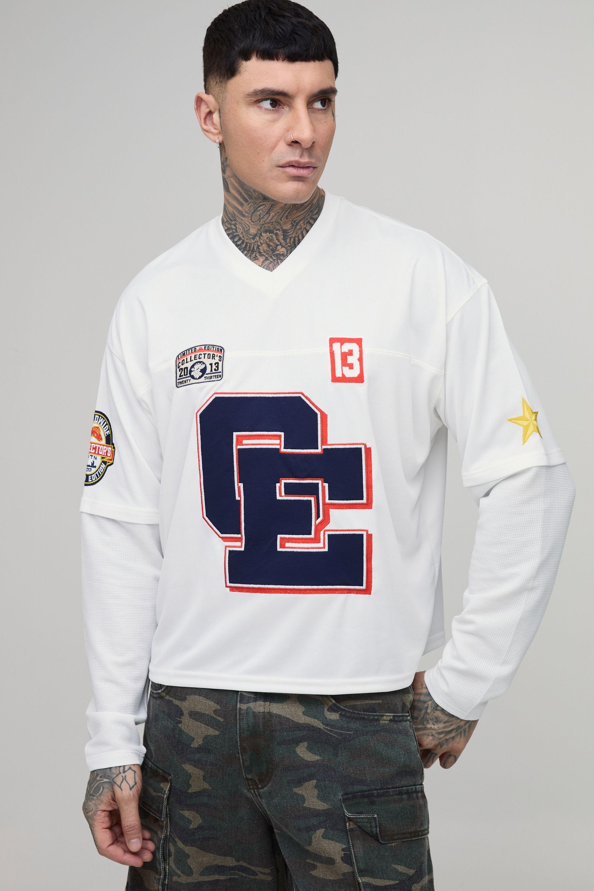 Tall Oversized Boxy Mesh Faux Layer Applique Hockey Top by BOOHOOMAN