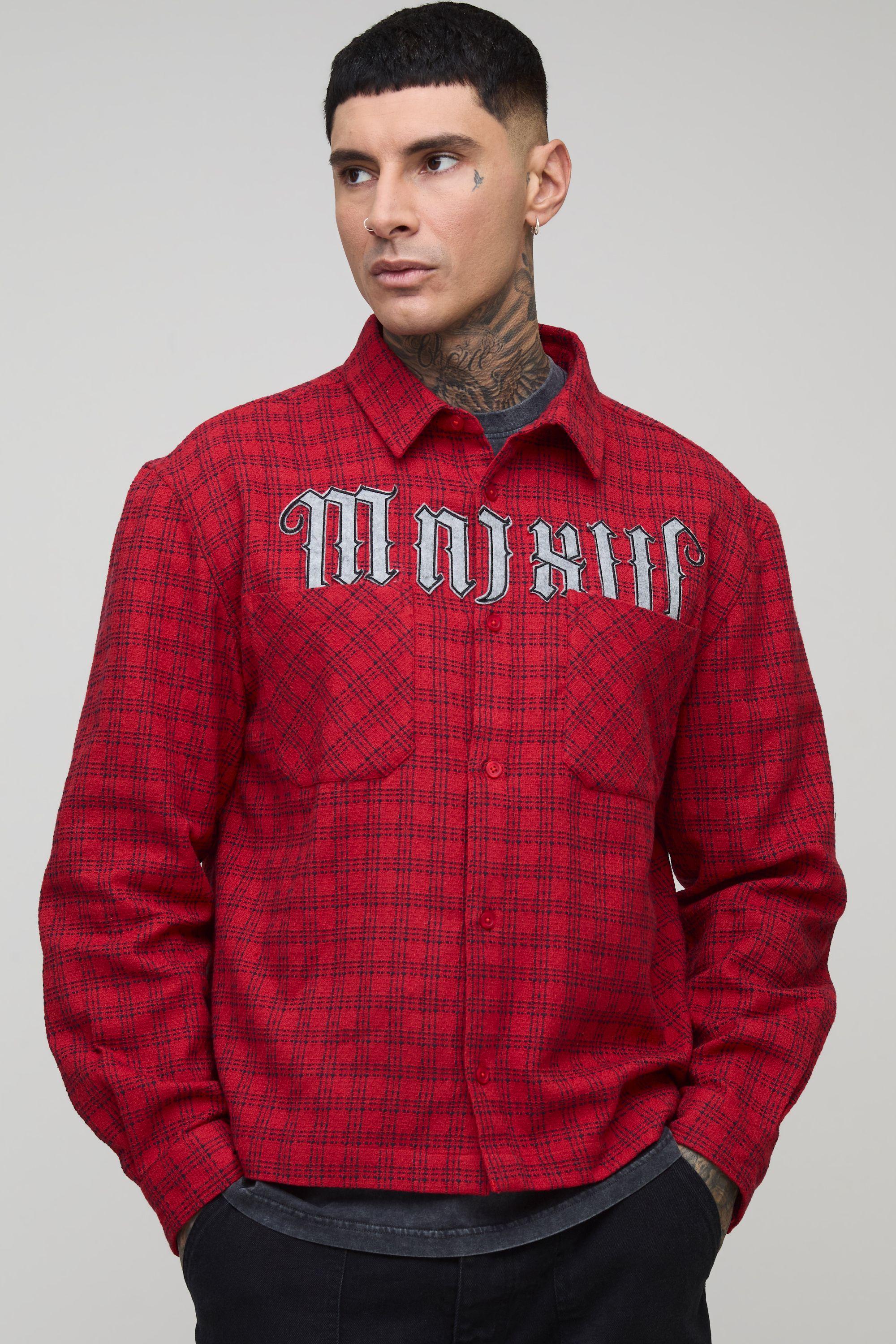 Tall Oversized Boxy Microcheck MMXIII Applique Double Pocket Long Sleeve Shirt by BOOHOOMAN