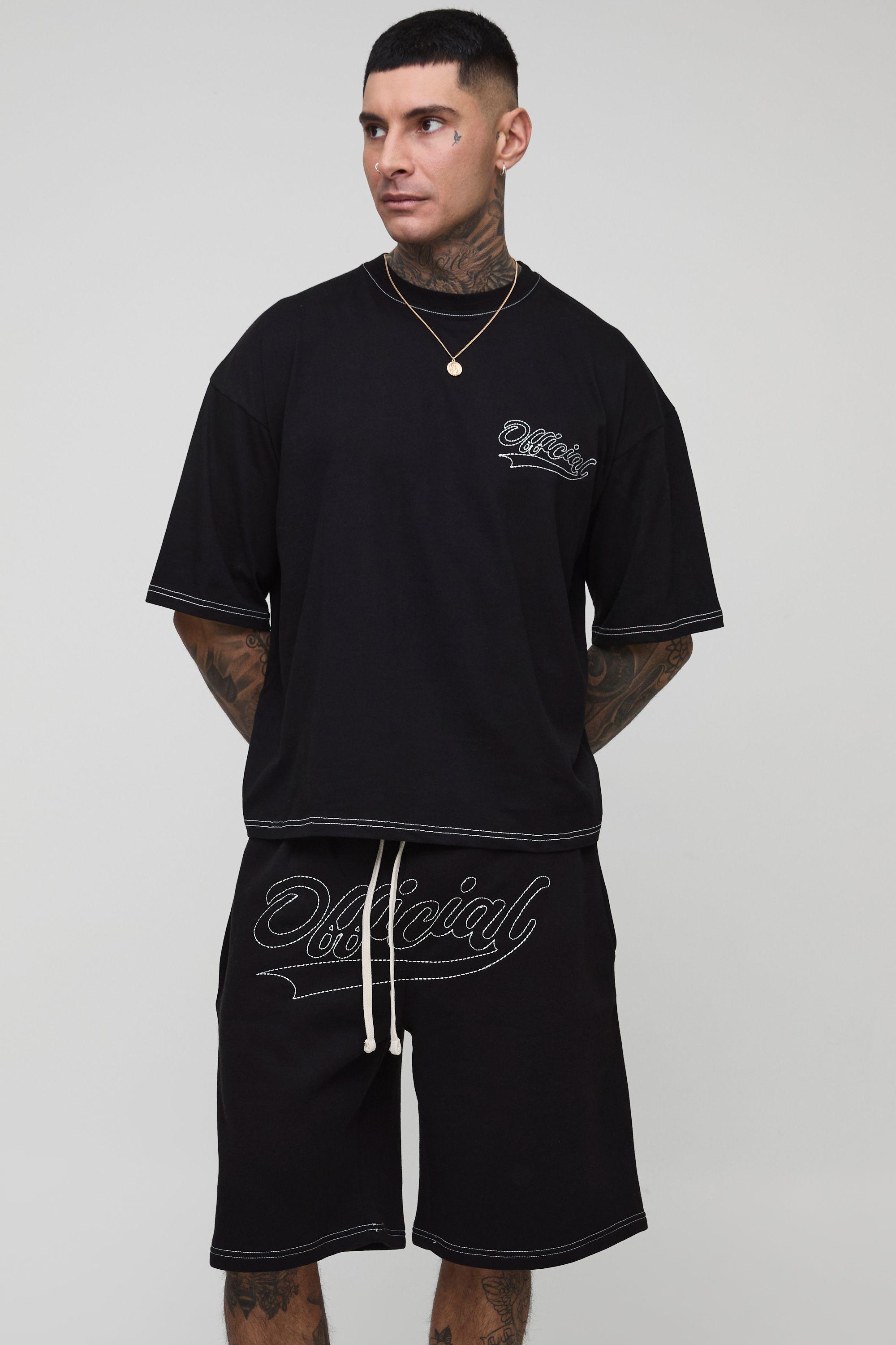 Tall Oversized Boxy Official Contrast Stitch T-Shirt & Short Set by BOOHOOMAN
