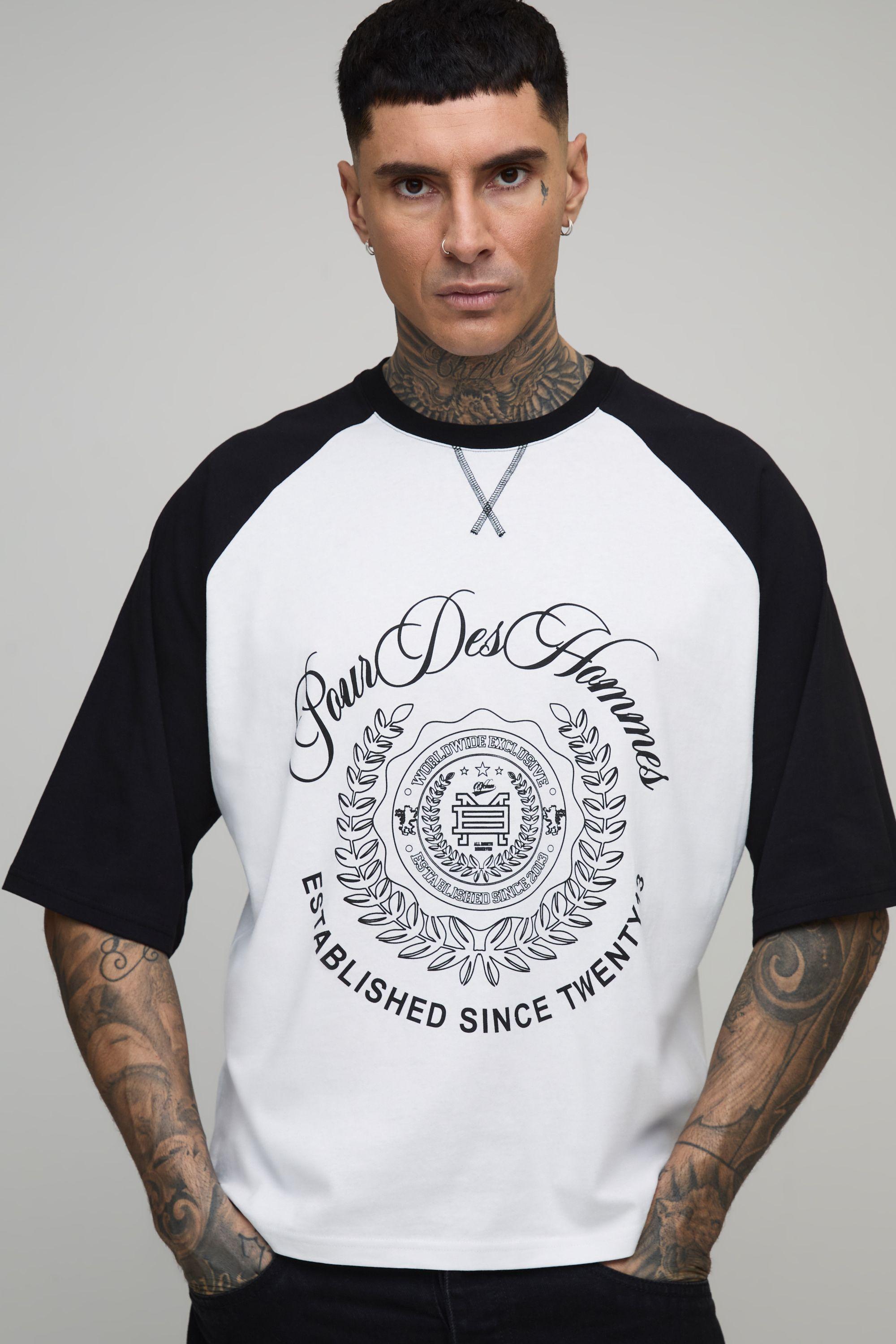 Tall Oversized Boxy Raglan Pour Homme Crest Print T-Shirt by BOOHOOMAN