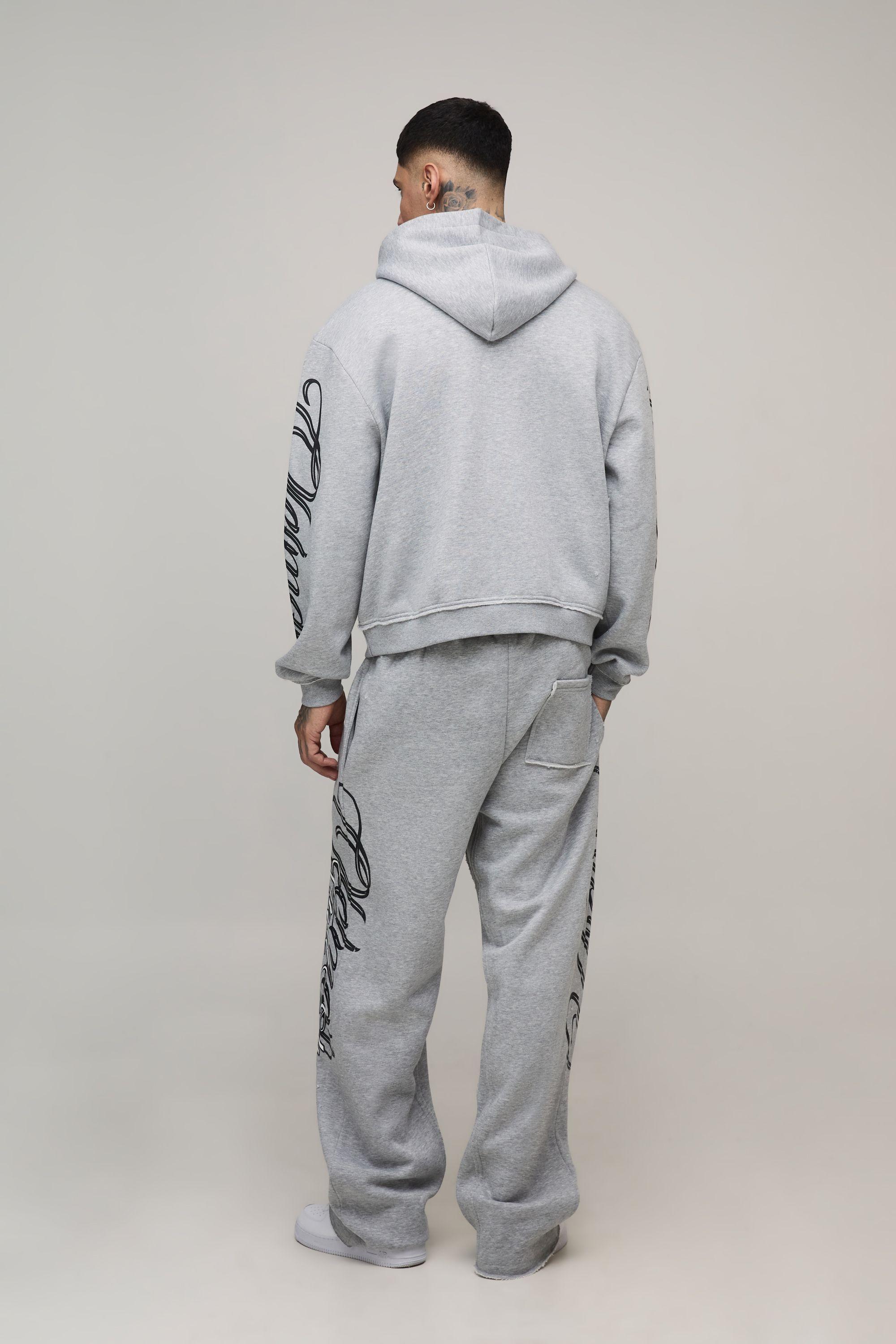Tall Oversized Boxy Raw Seam Zip Through Gothic Varsity Print Hoodie by BOOHOOMAN