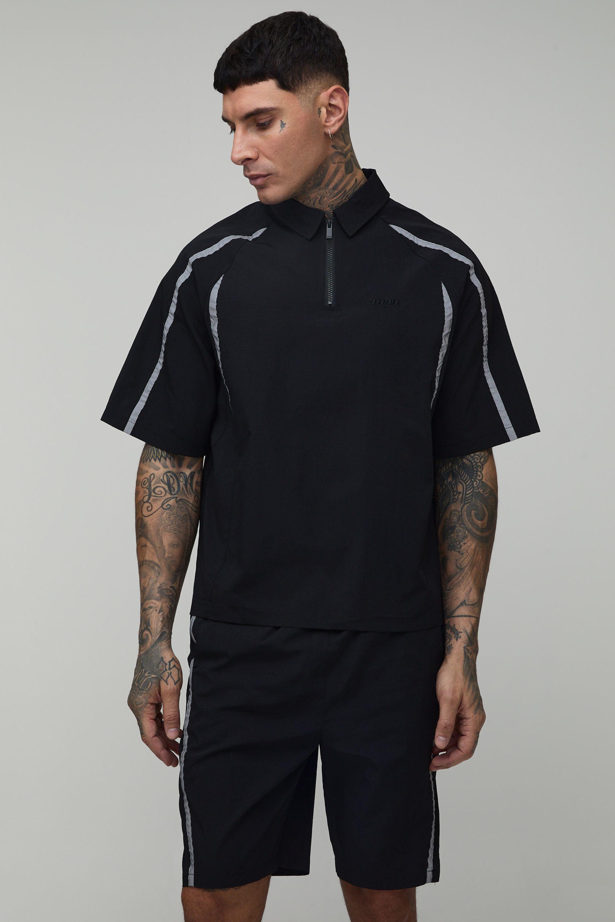 Tall Oversized Boxy Reflective Panel Nylon Polo Shirt & Relaxed Short Set by BOOHOOMAN
